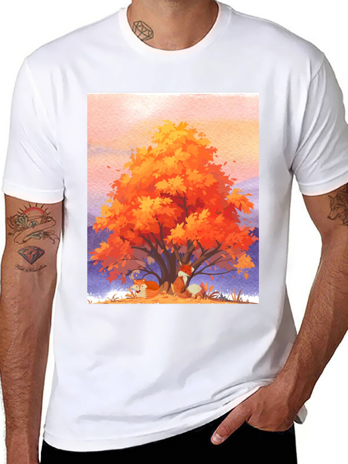 Black Autumn Fox Tree Graphic Tee - Comfortable Cotton Blend view 8
