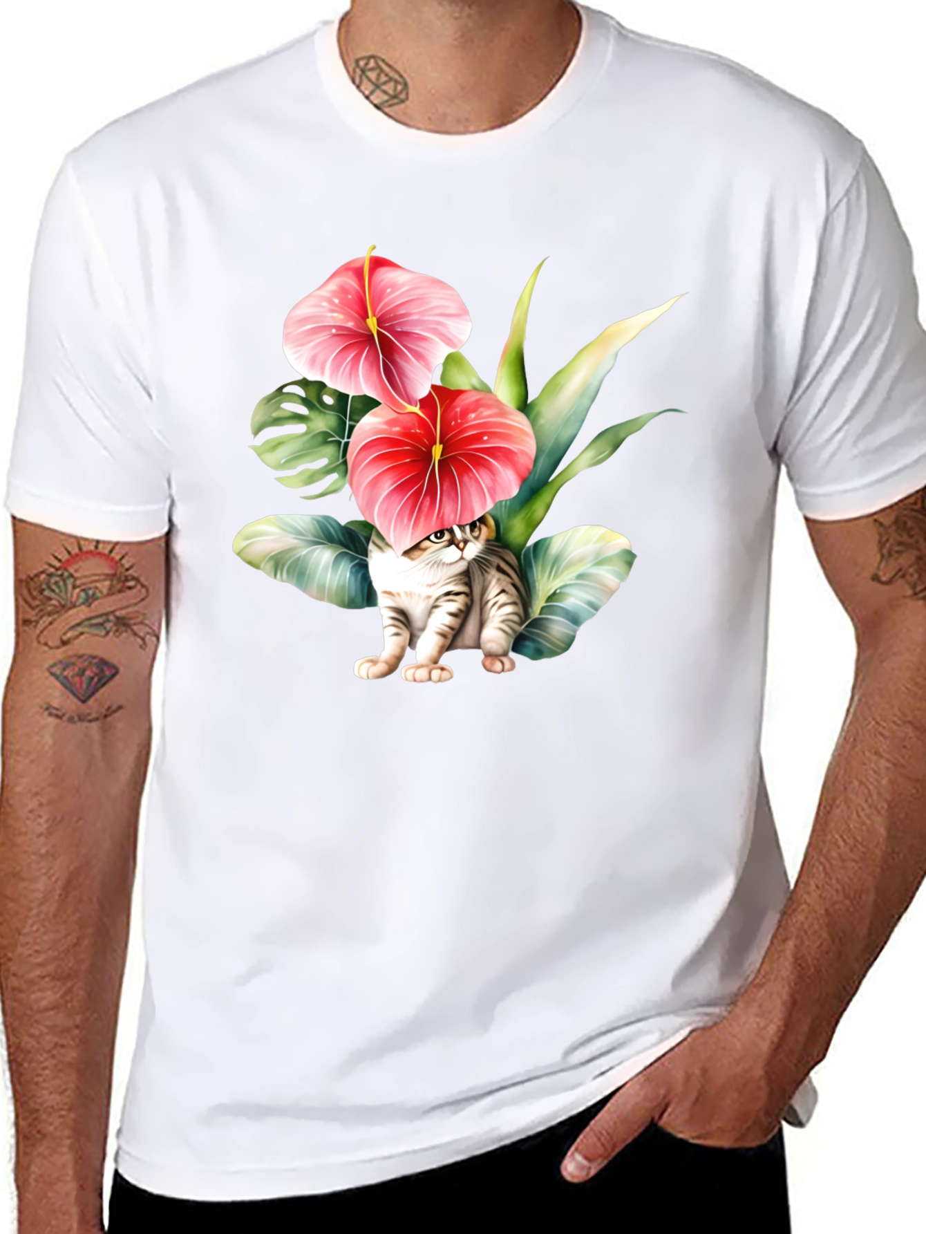 Black Floral Cat T-Shirt - Unique Graphic Tee view 8