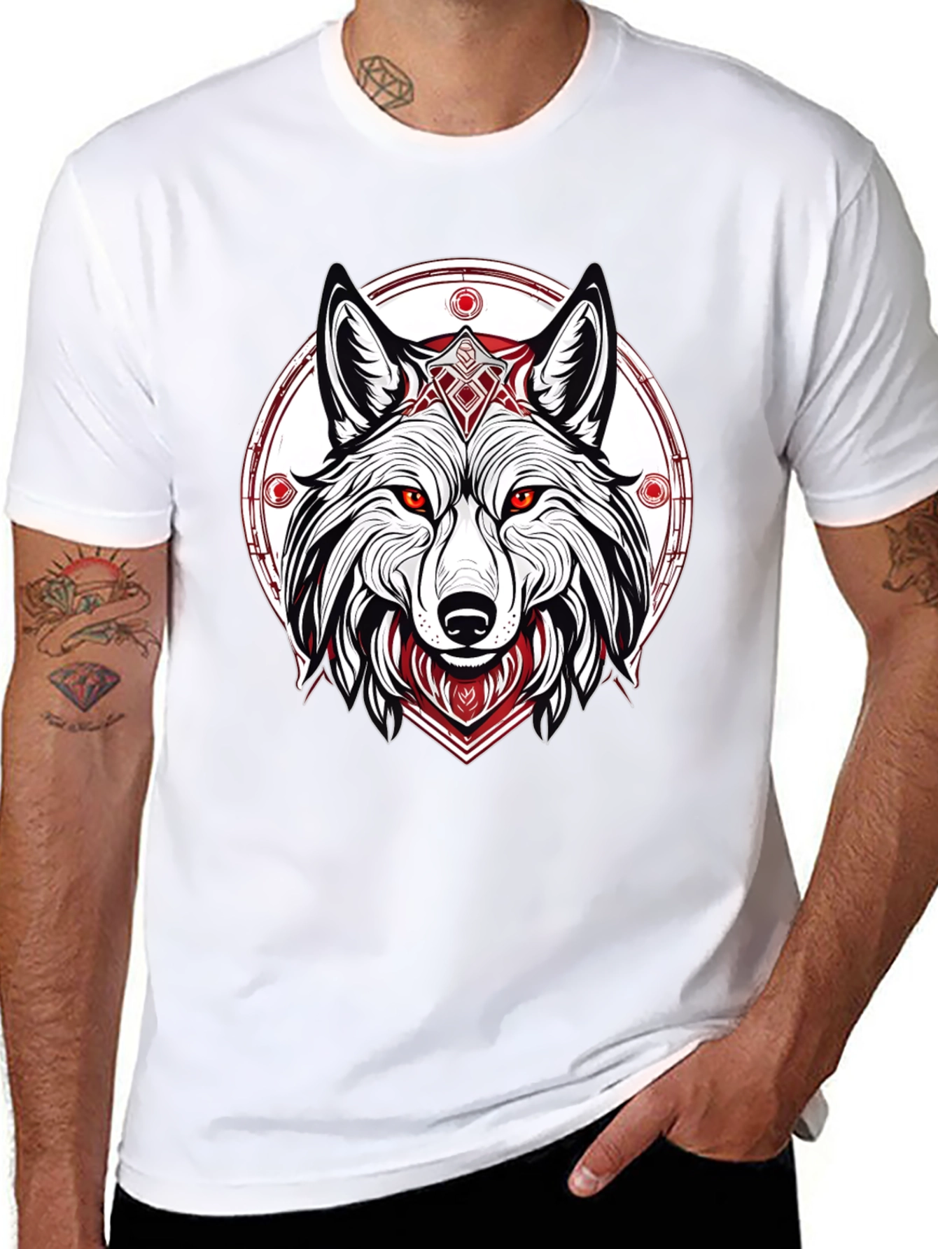 Black Men's Black T-Shirt with Wolf Graphic view 8