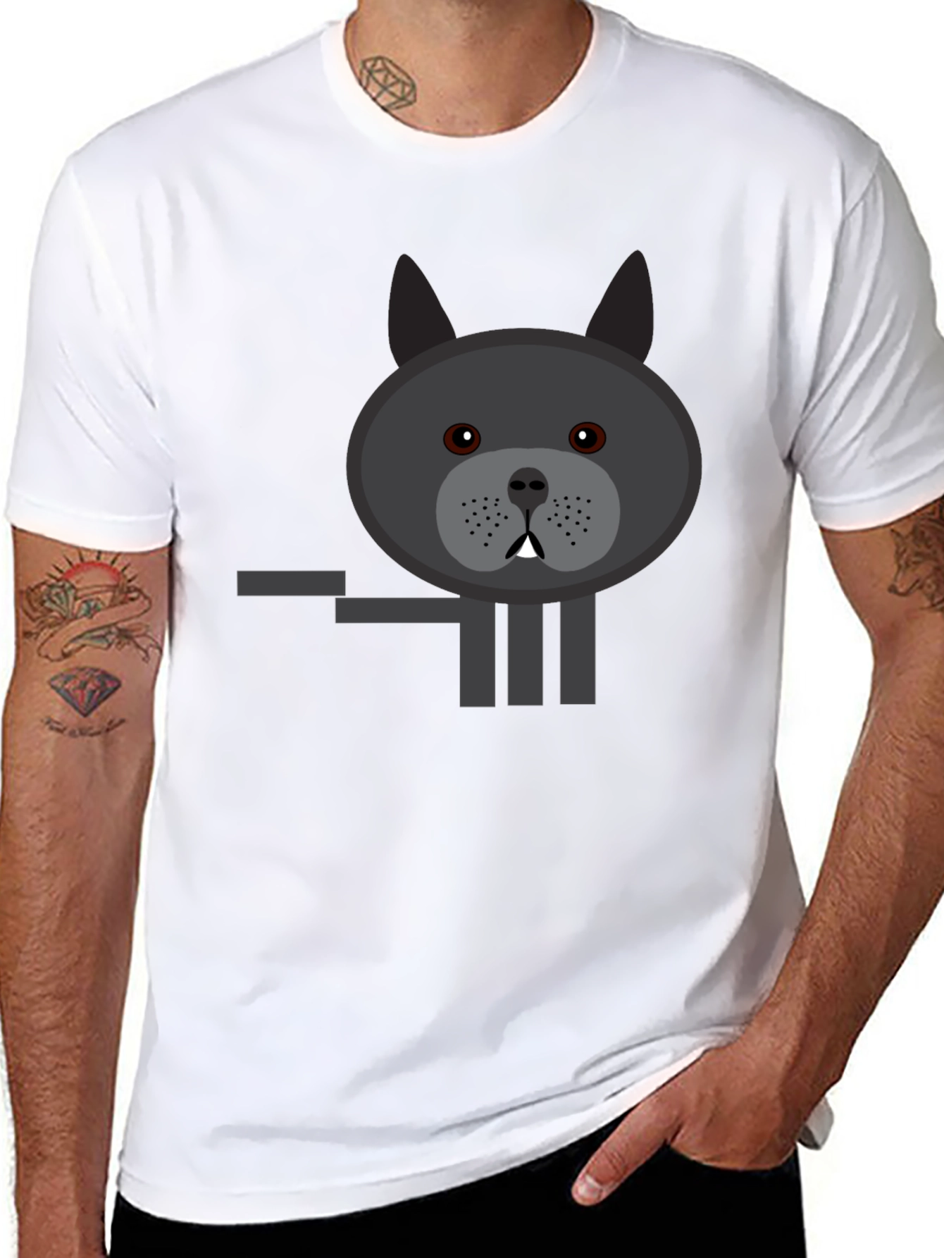 Black Graphic Tee: Cartoon Bulldog Design Black T-Shirt view 8