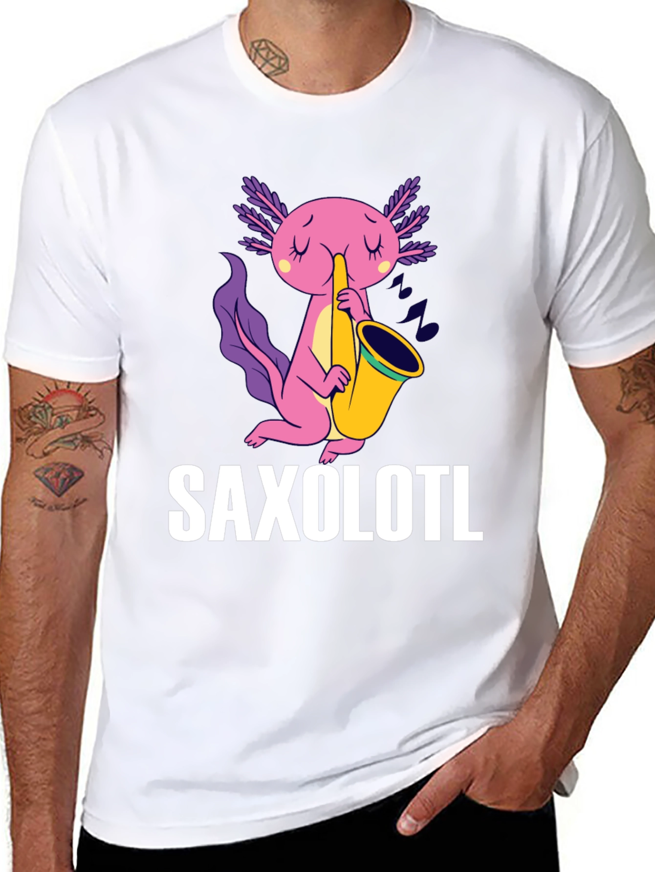 Black Saxolotl T-Shirt - Funny Axolotl Saxophone Tee view 8