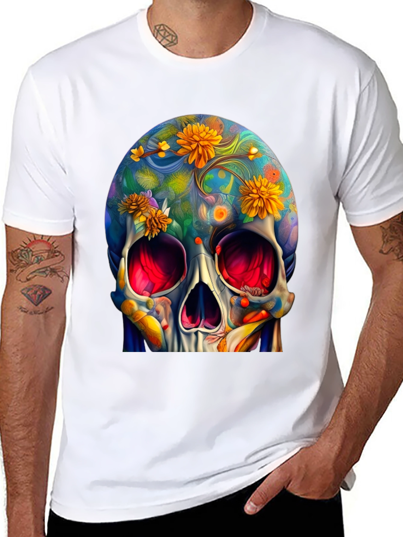 Black Floral Skull Graphic Tee - Unique Art Design view 8