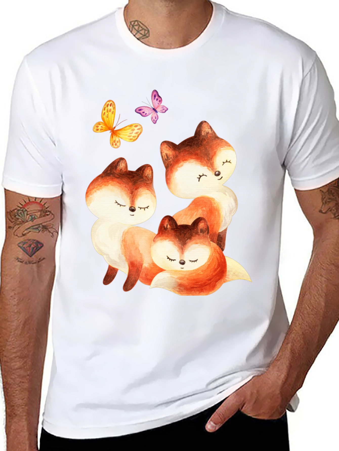 Black Cute Fox & Butterfly Graphic Tee view 8