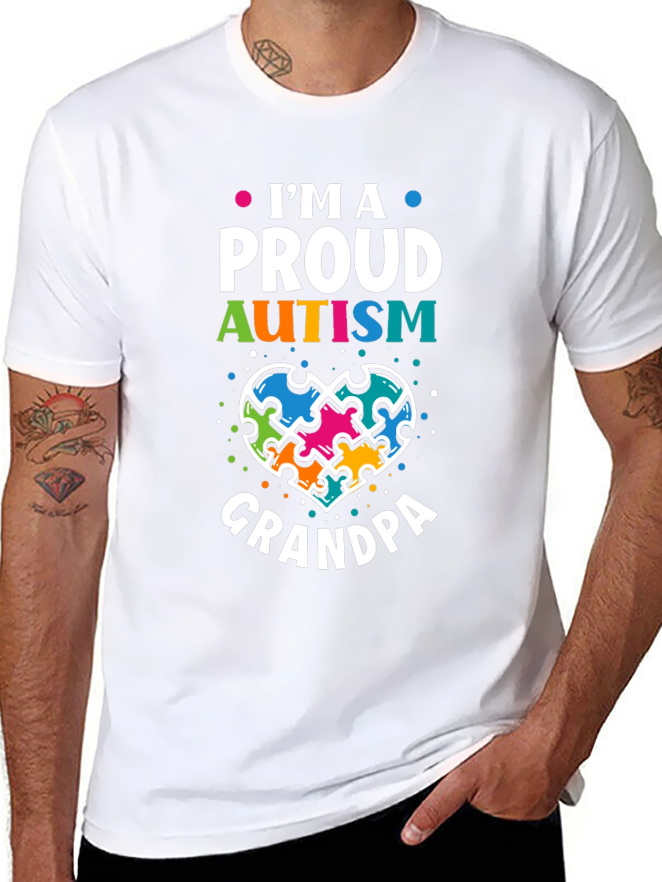 Black Proud Autism Grandpa T-Shirt Puzzle Piece Heart Support view 8