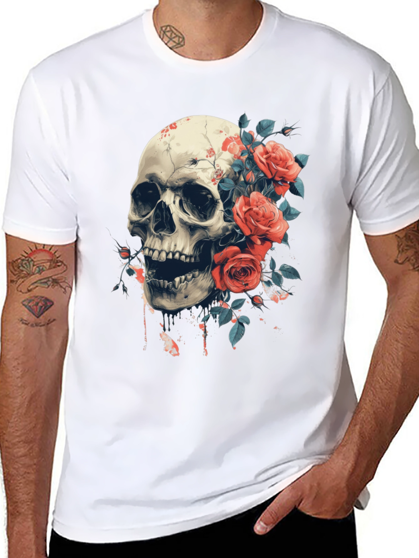 Black Skull & Roses Graphic Tee - Bold Gothic Style view 8