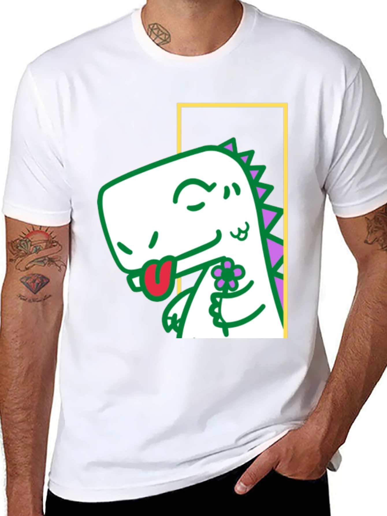 Black Dinosaur Holding Flower Graphic Tee view 8