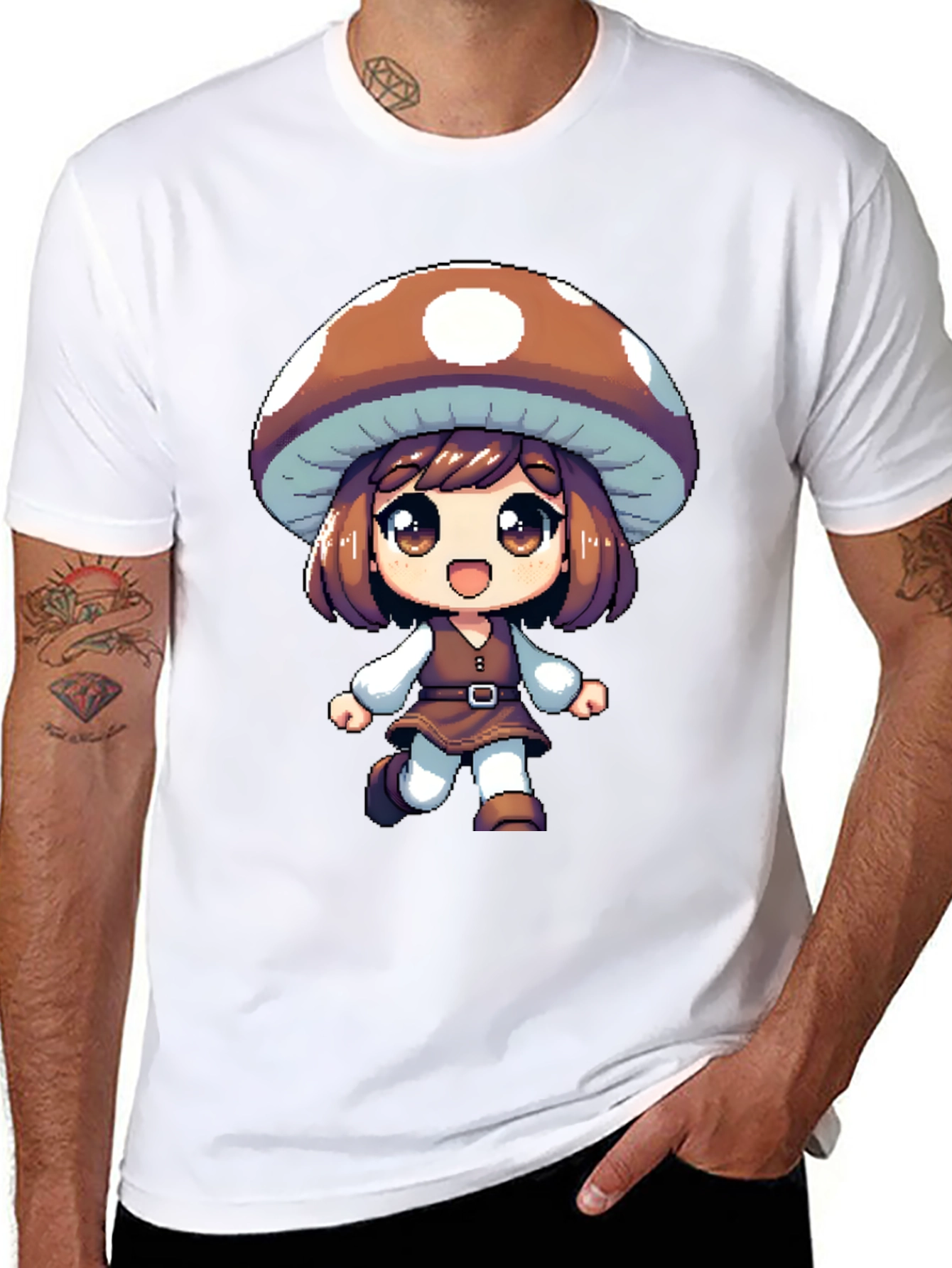 Black Mushroom Girl Black T-Shirt Anime Pixel Art view 8