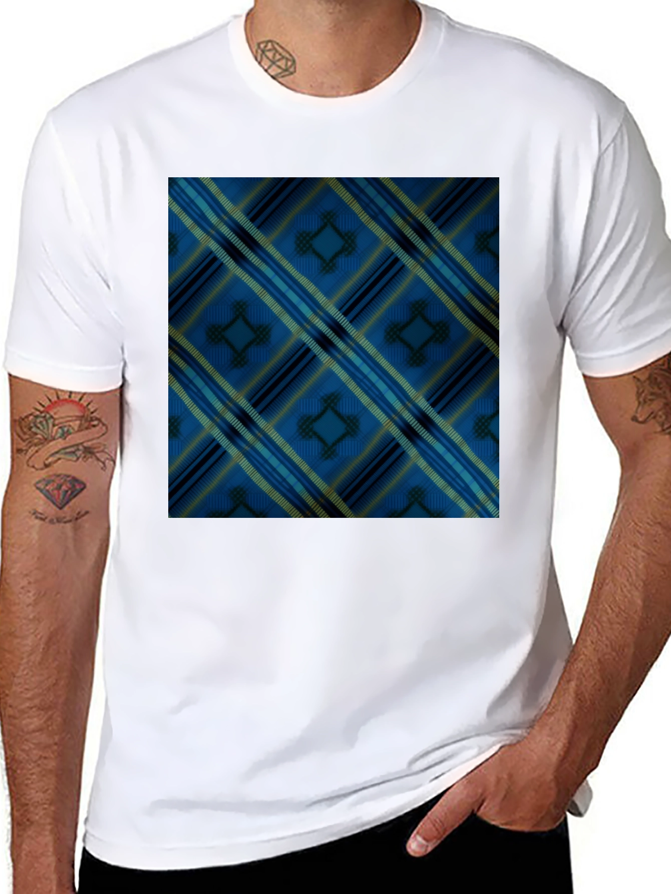 Black Blue Plaid Pattern Black T-Shirt view 8