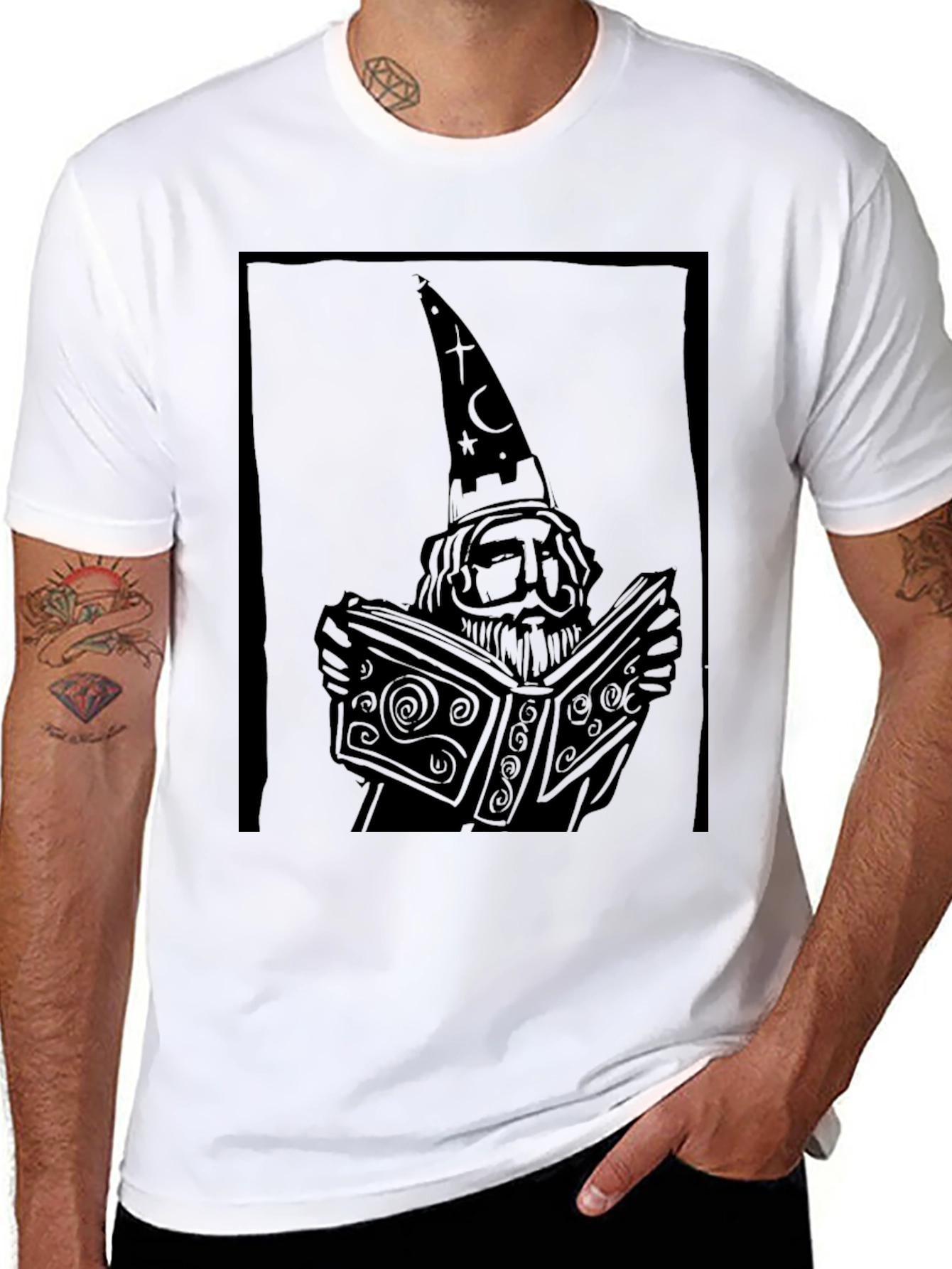 Black Wizard Reading Book Graphic Black T-Shirt view 8