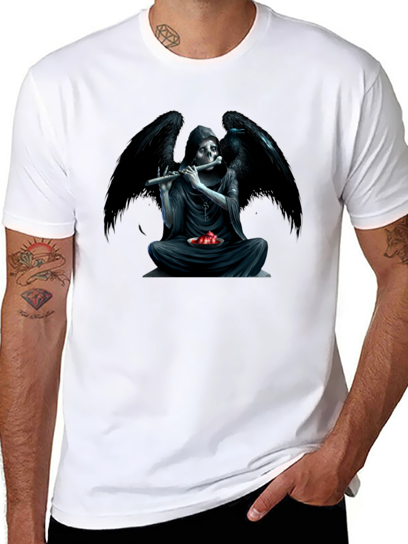 Black Grim Reaper Flute Graphic T-Shirt view 8