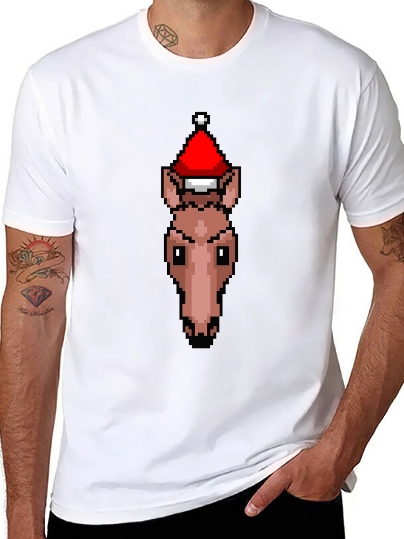 Black Pixel Art Horse Santa Hat T-Shirt view 8