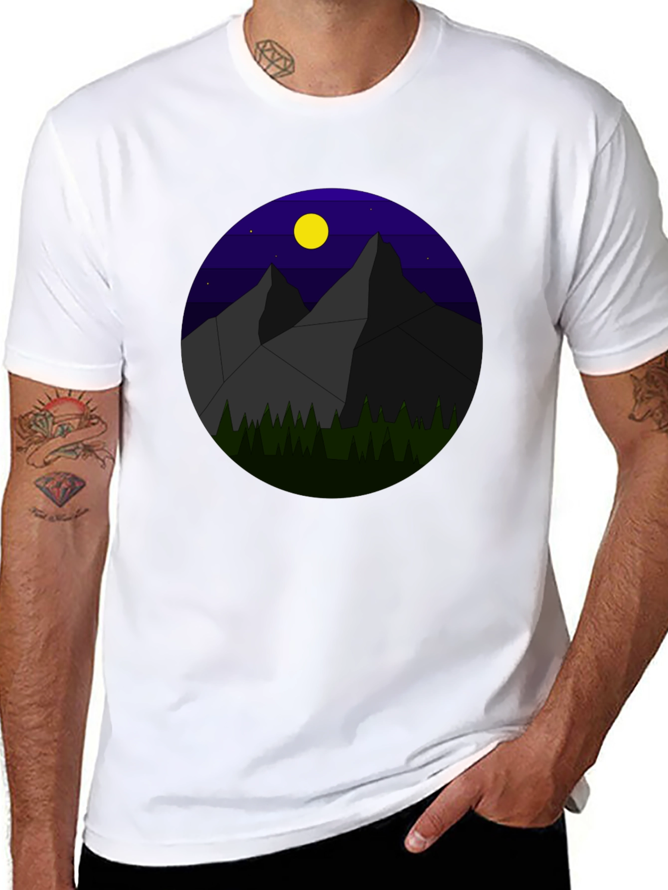 Black Geometric Mountain Nightscape T-Shirt view 8