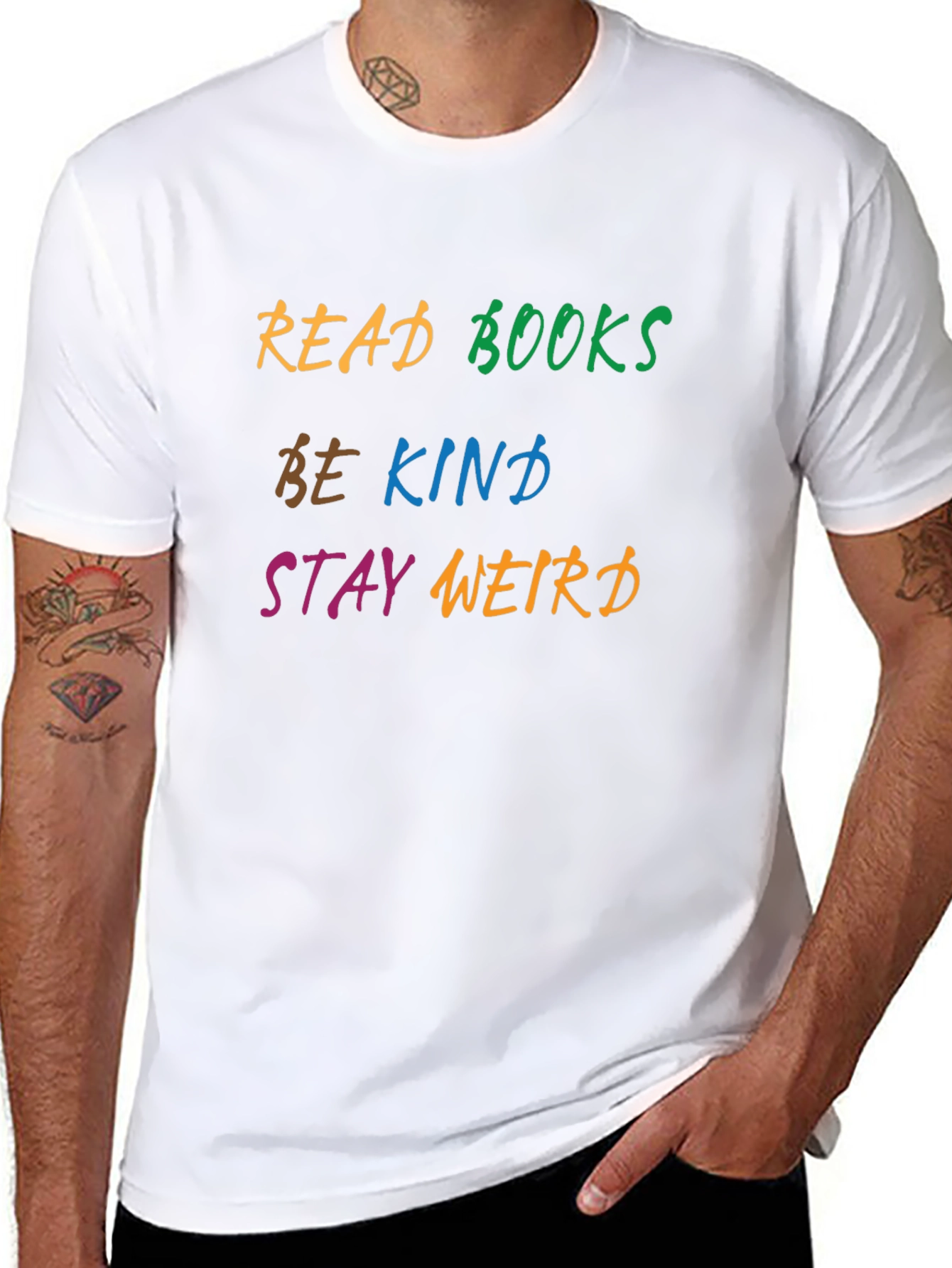 Black Read Books Be Kind Stay Weird Graphic Tee view 8