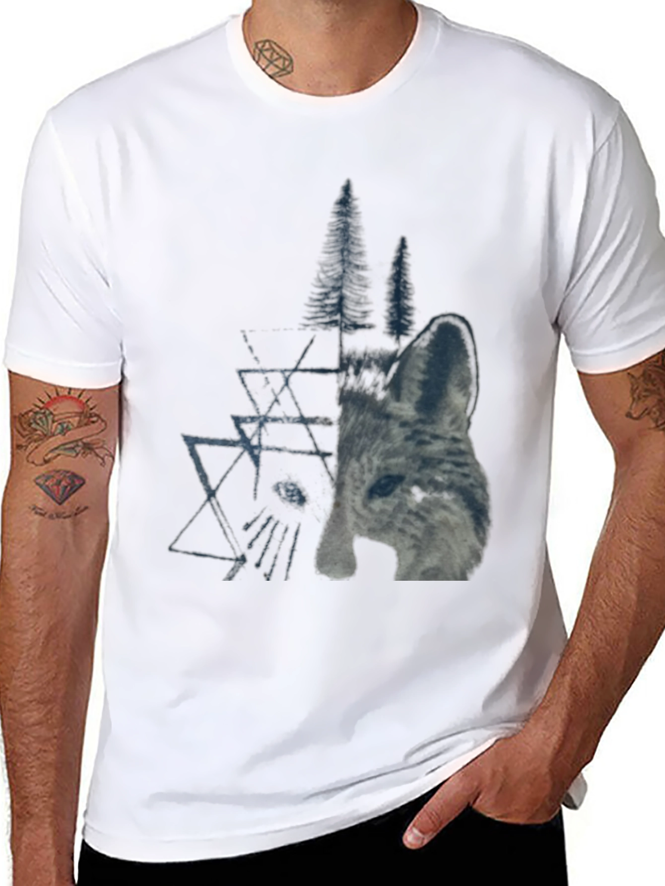 Black Geometric Wolf & Trees Graphic Tee - Black view 8