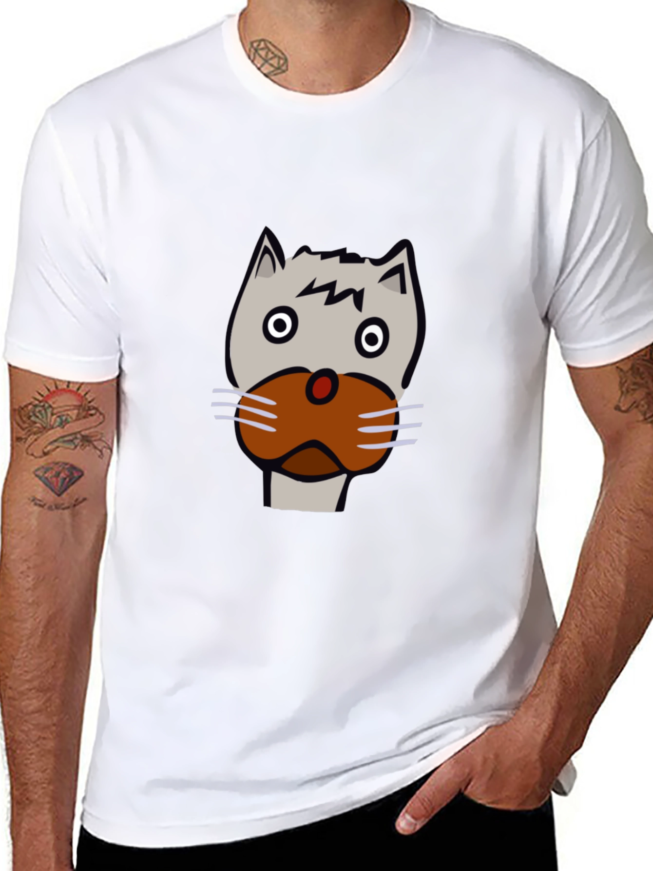 Black Funny Cartoon Cat Face Black T-Shirt view 8