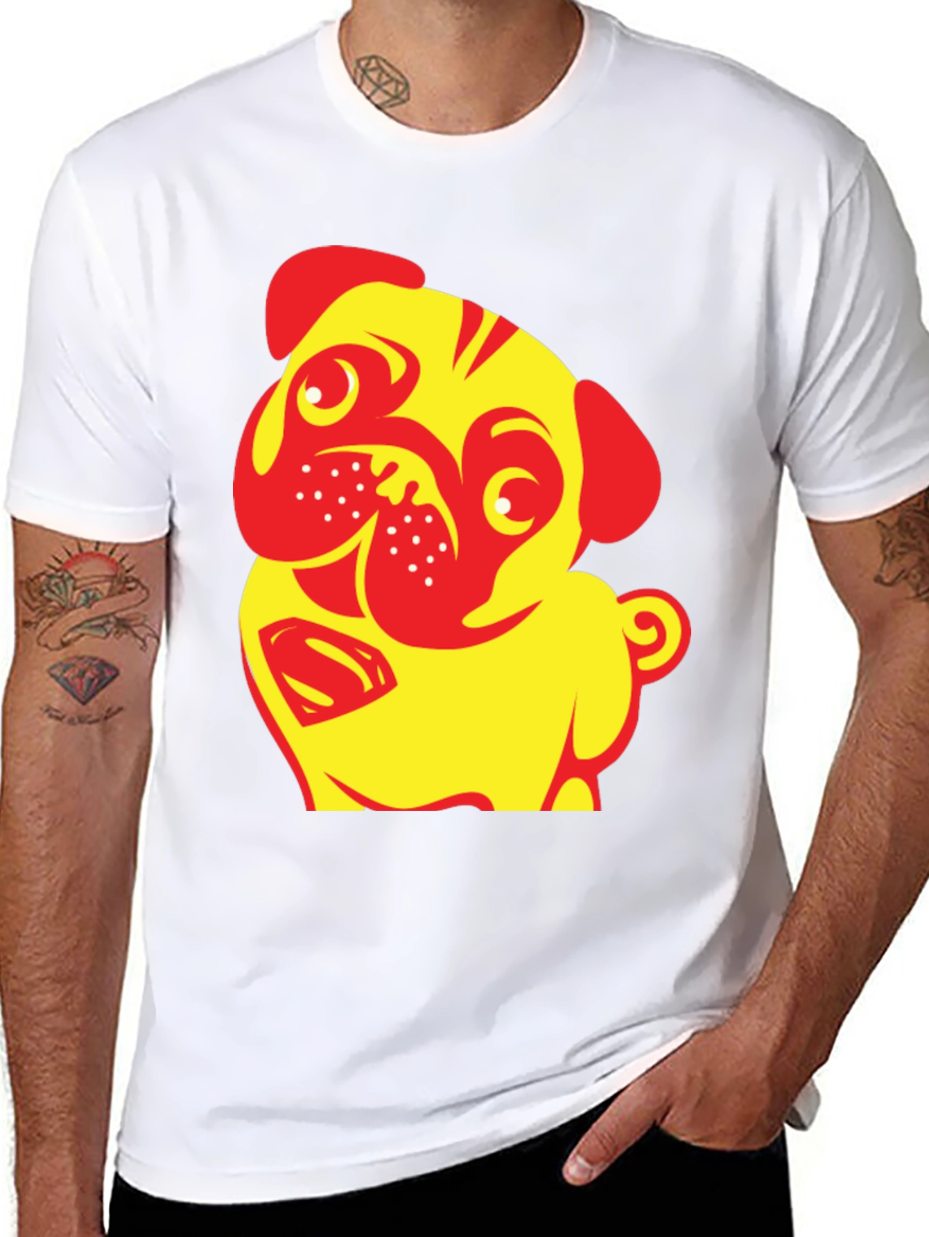 Black Pug-tastic Tee:  Yellow & Red Dog T-Shirt view 8