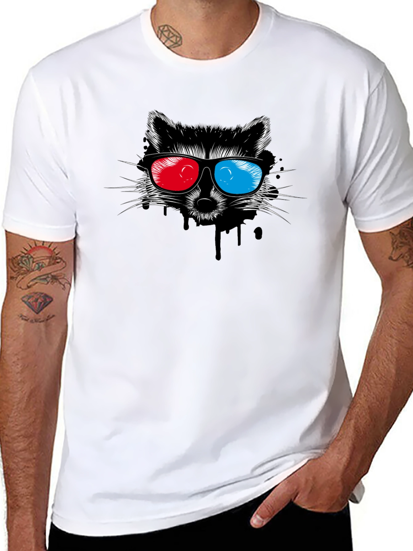 Black Cool Raccoon 3D Glasses Graphic Black T-Shirt view 8