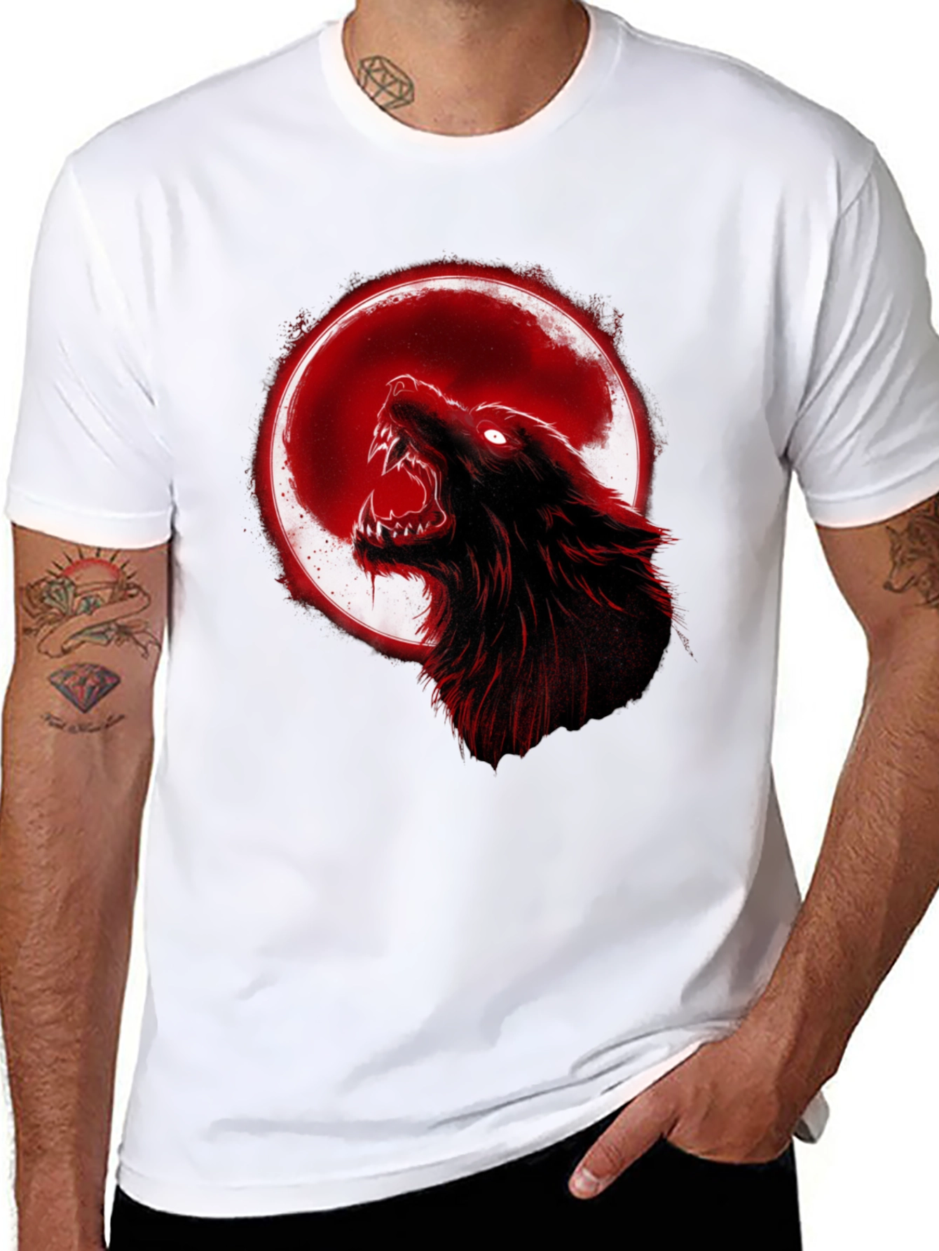 Black Full Moon Wolf Graphic Tee - Black Cotton T-Shirt view 8