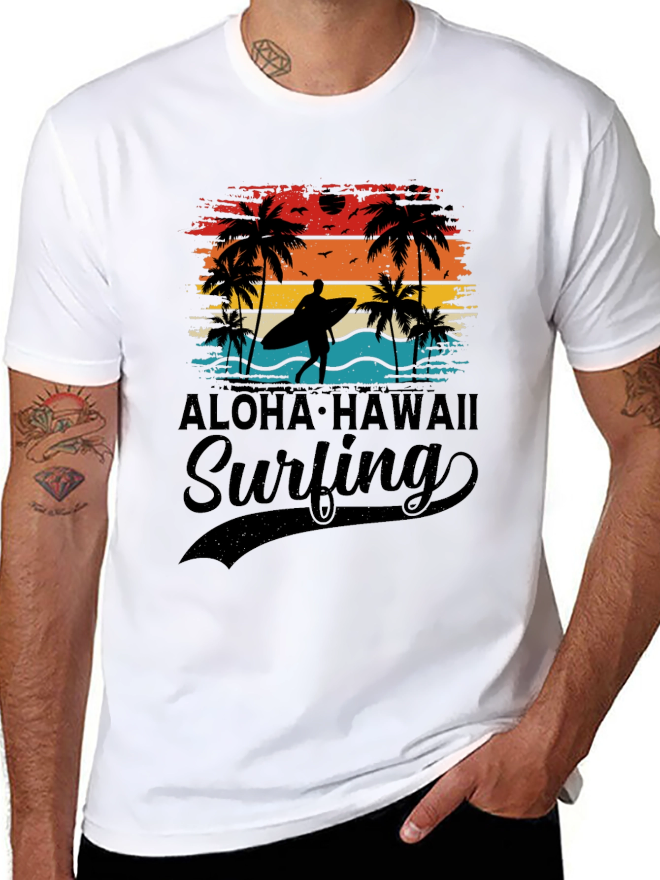 Black Aloha Hawaii Surfing T-Shirt Palm Tree Sunset Tee view 8