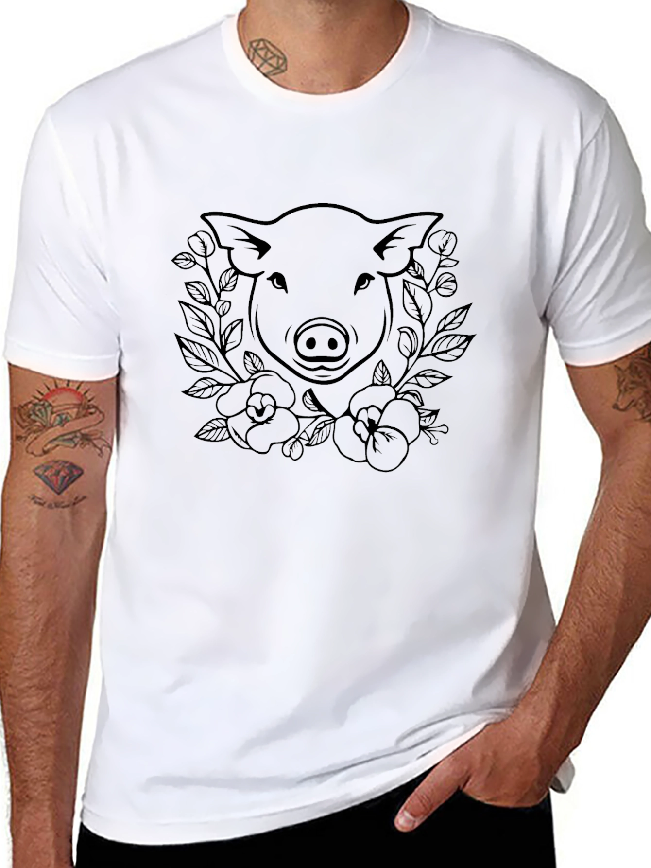 Pig Floral Graphic Tee - Black Cotton T-Shirt - 8