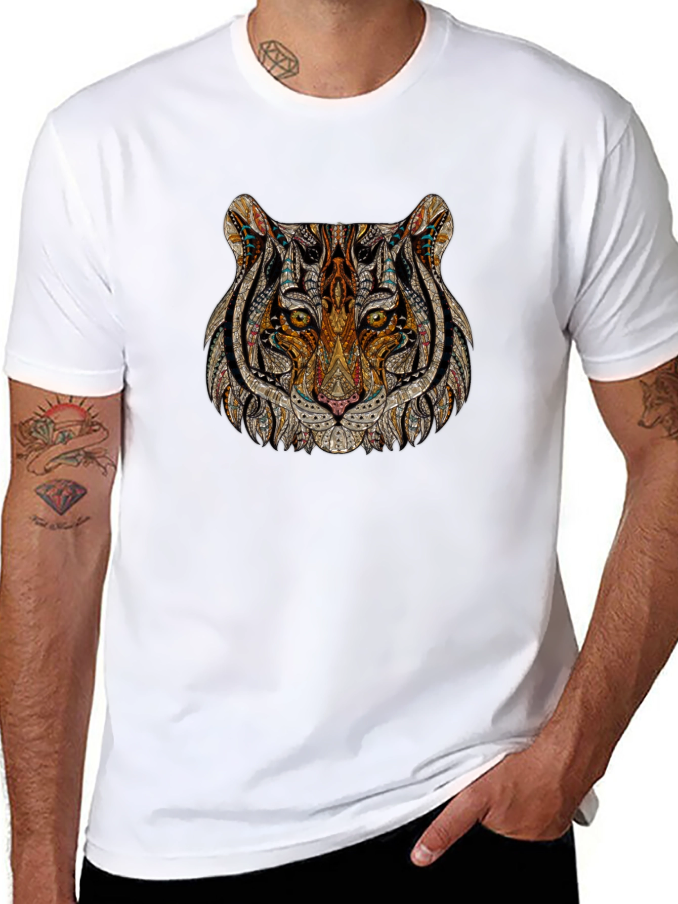 Black Intricate Tiger Head Graphic Print Black T-Shirt view 8