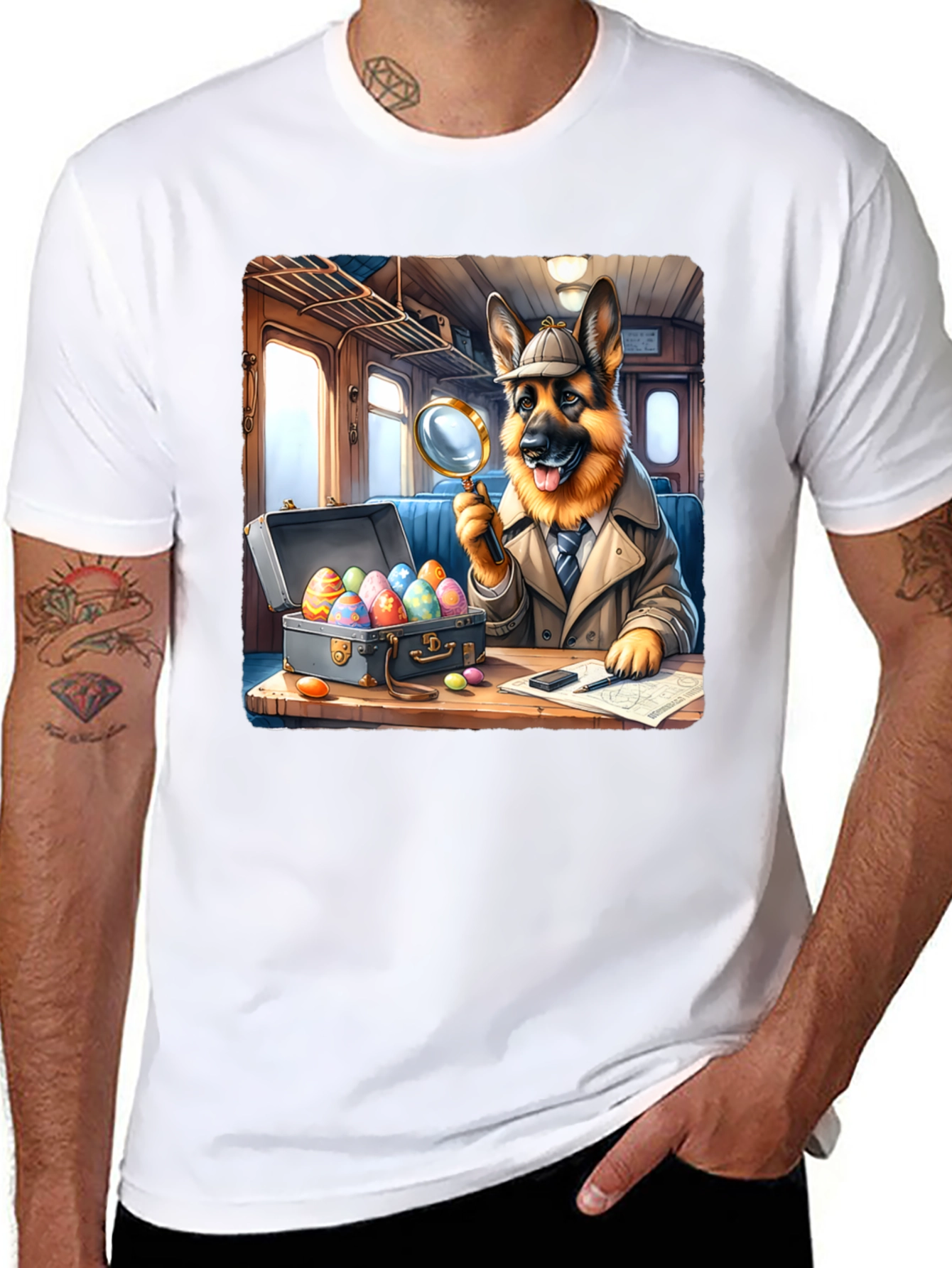 Black Detective Dog Easter Egg Hunt T-Shirt view 8