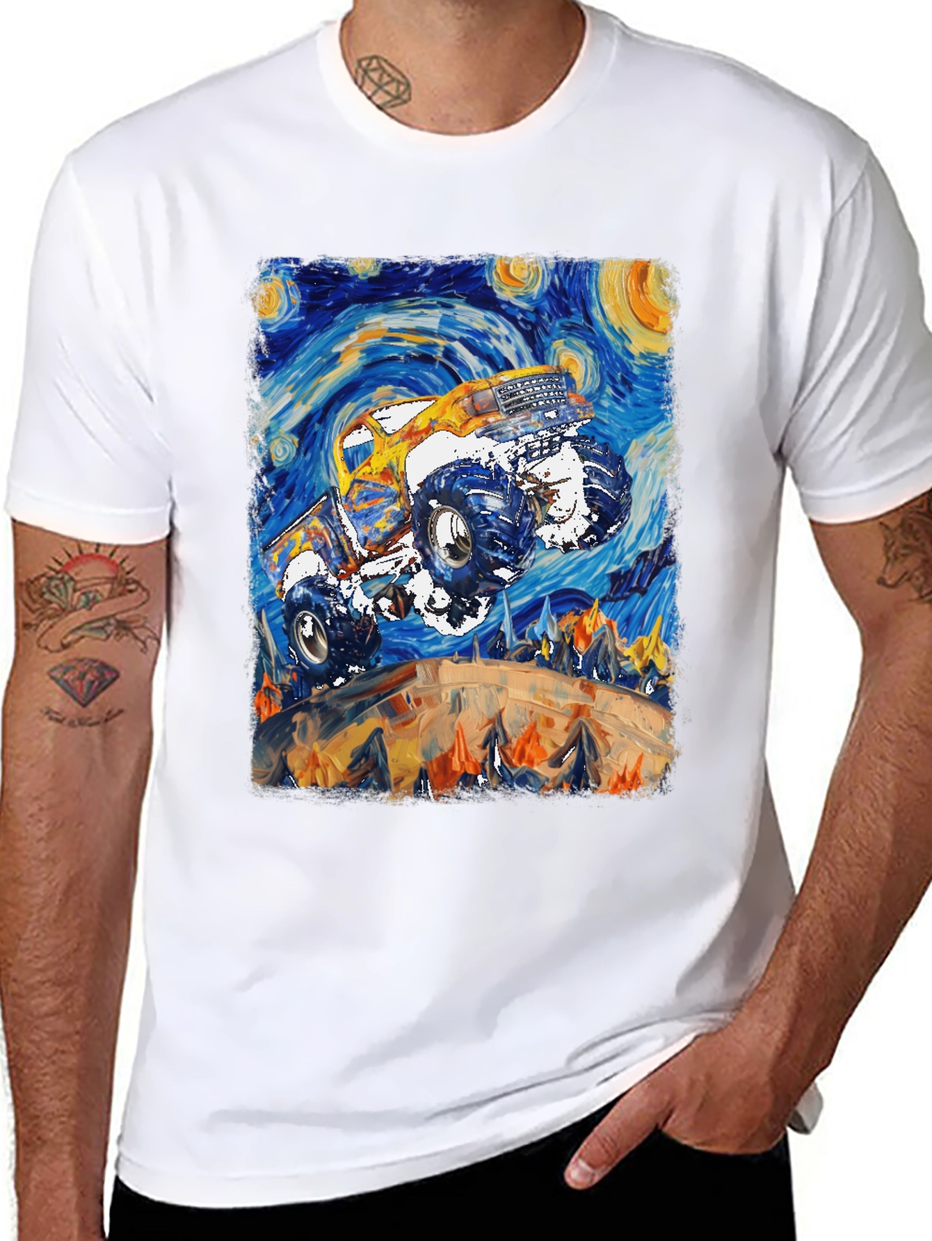 Black Monster Truck Starry Night Art Graphic T-Shirt view 8