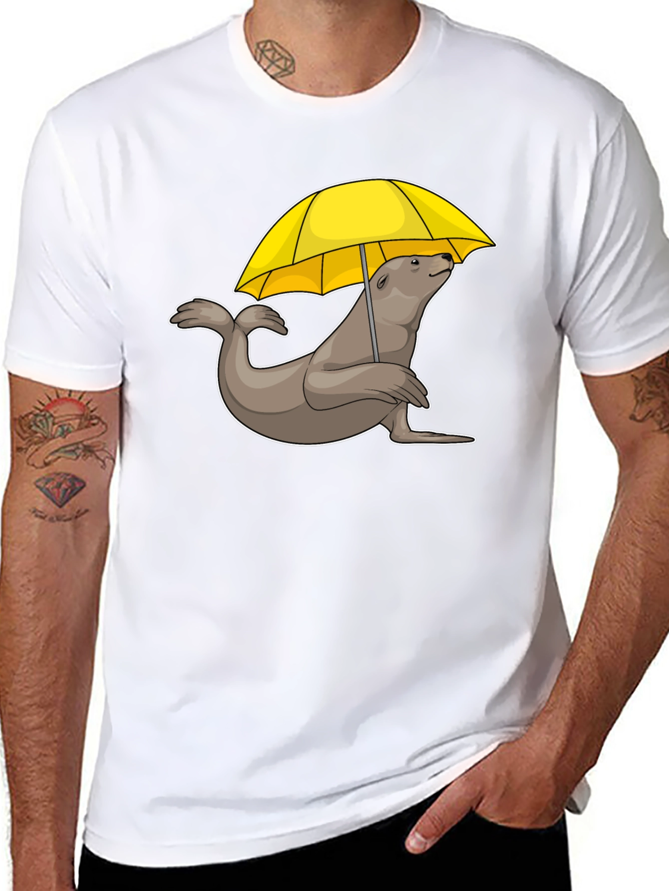 Black Seal with Umbrella T-Shirt - Black Cotton Tee view 8
