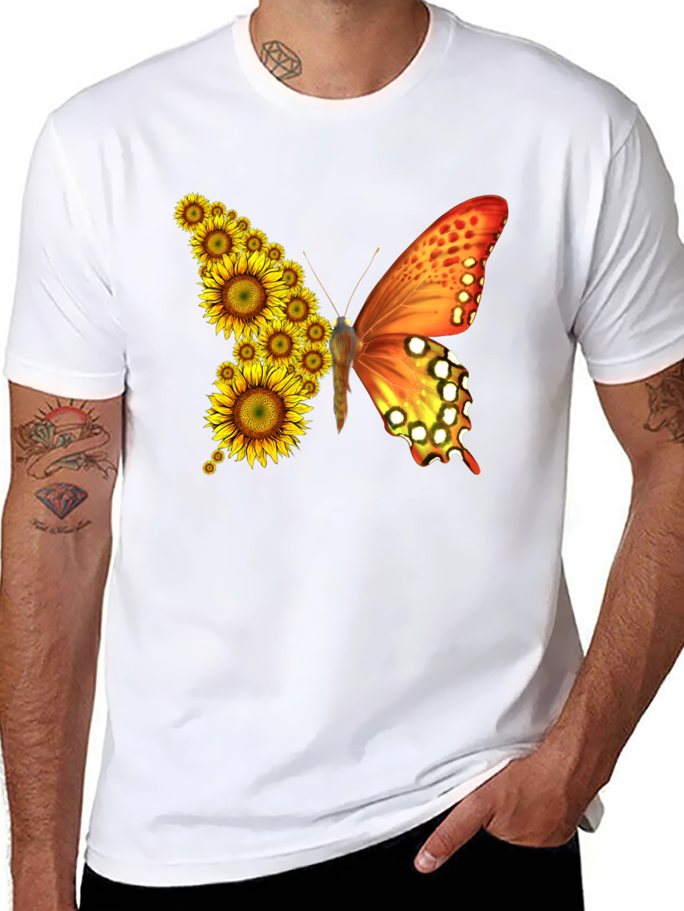 Sunflower Butterfly Graphic Tee - Black Cotton Blend Shirt - 8