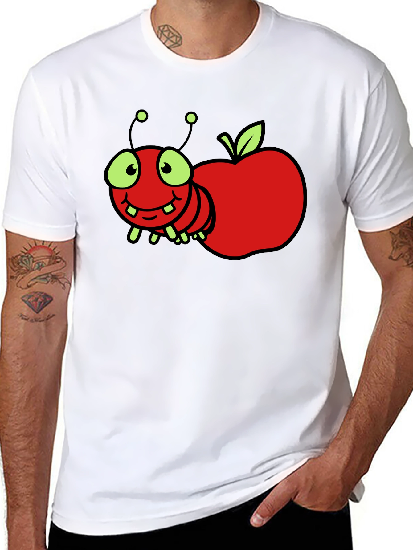 Black Cartoon Worm Apple T-Shirt view 8