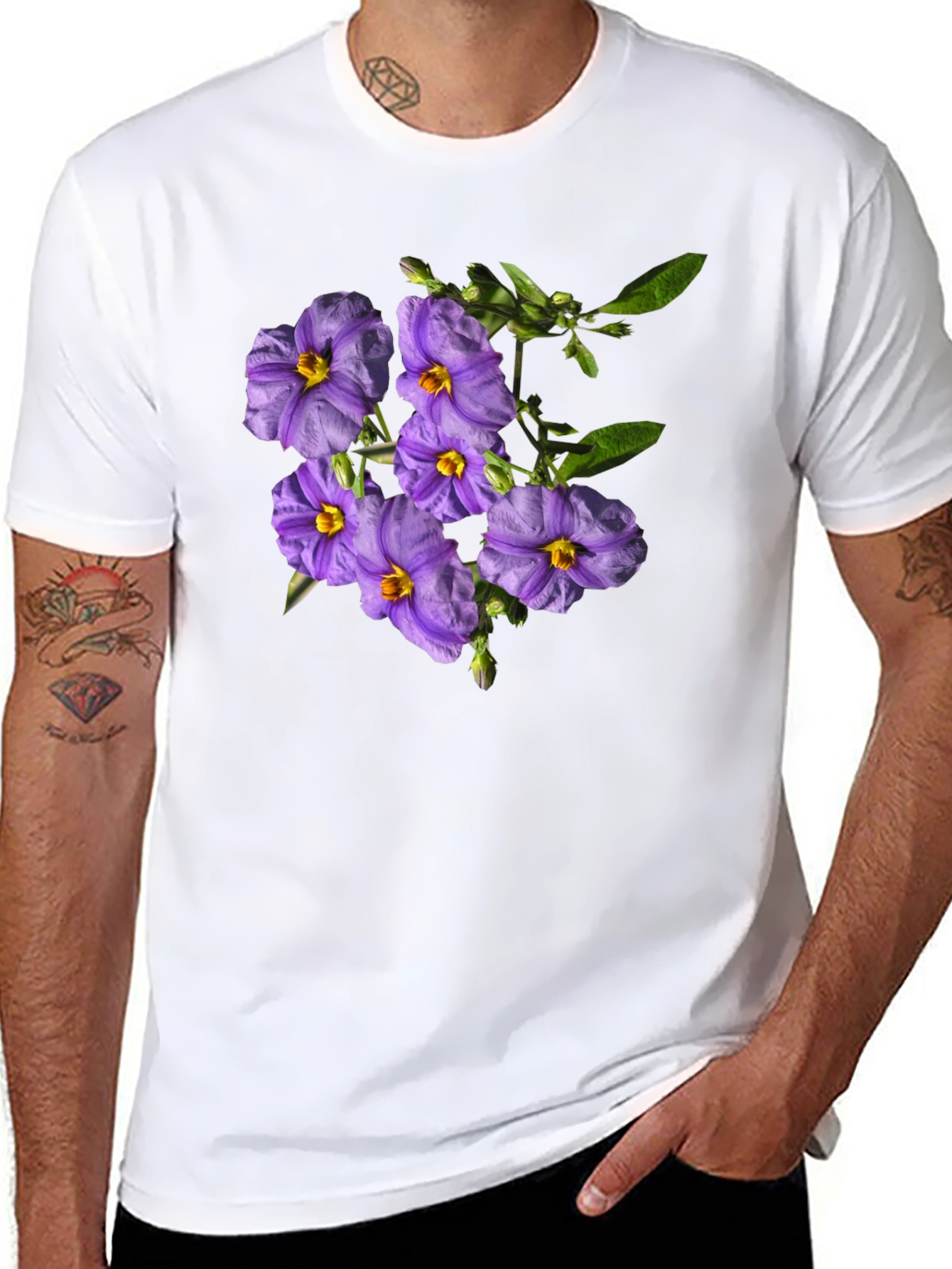 Black Floral Print Tee - Purple Flower Design view 8