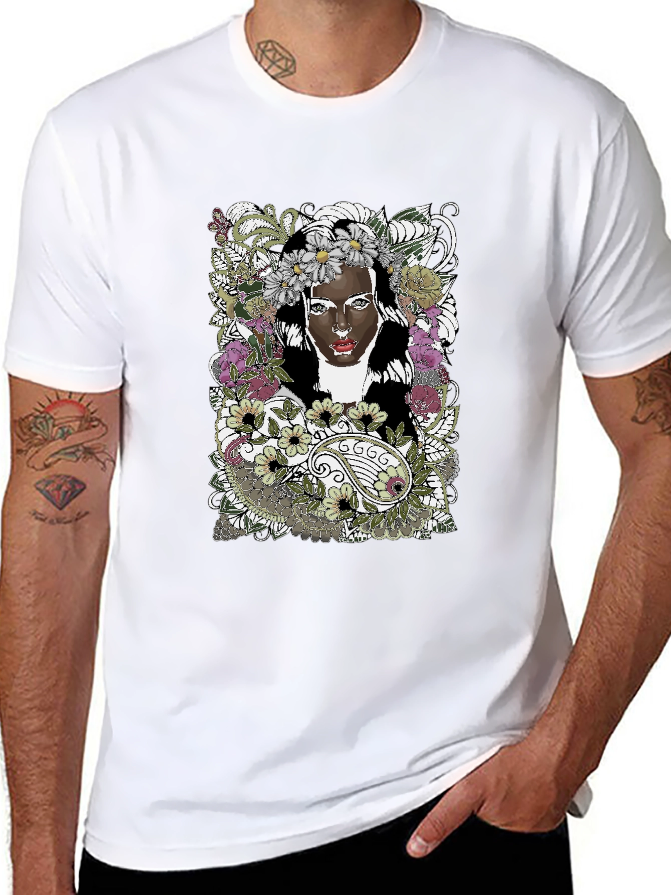 Black Floral Woman Graphic Tee - Black Unisex T-Shirt view 8