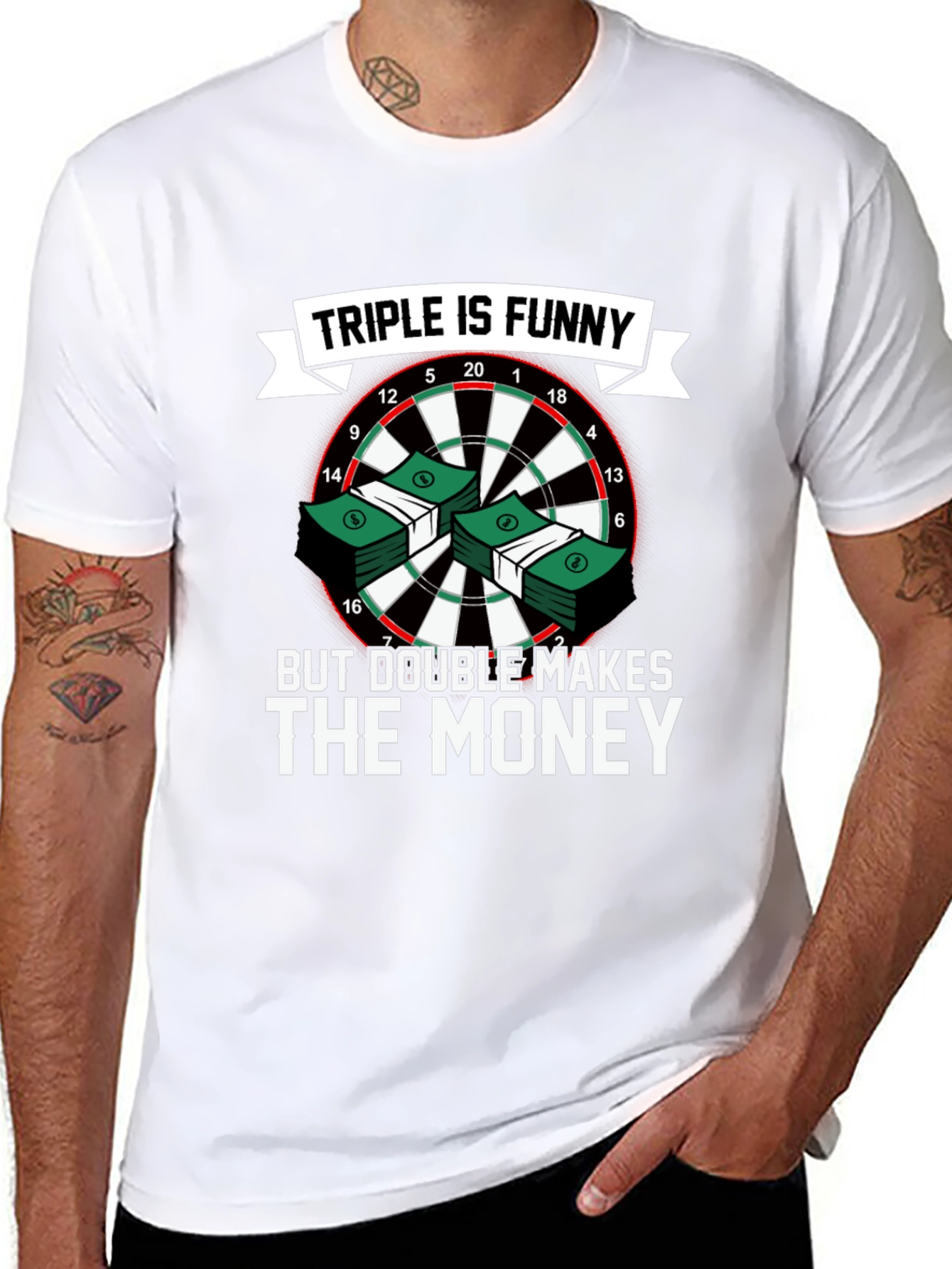 Black Triple is Funny T-Shirt - Dartboard & Money Design view 8