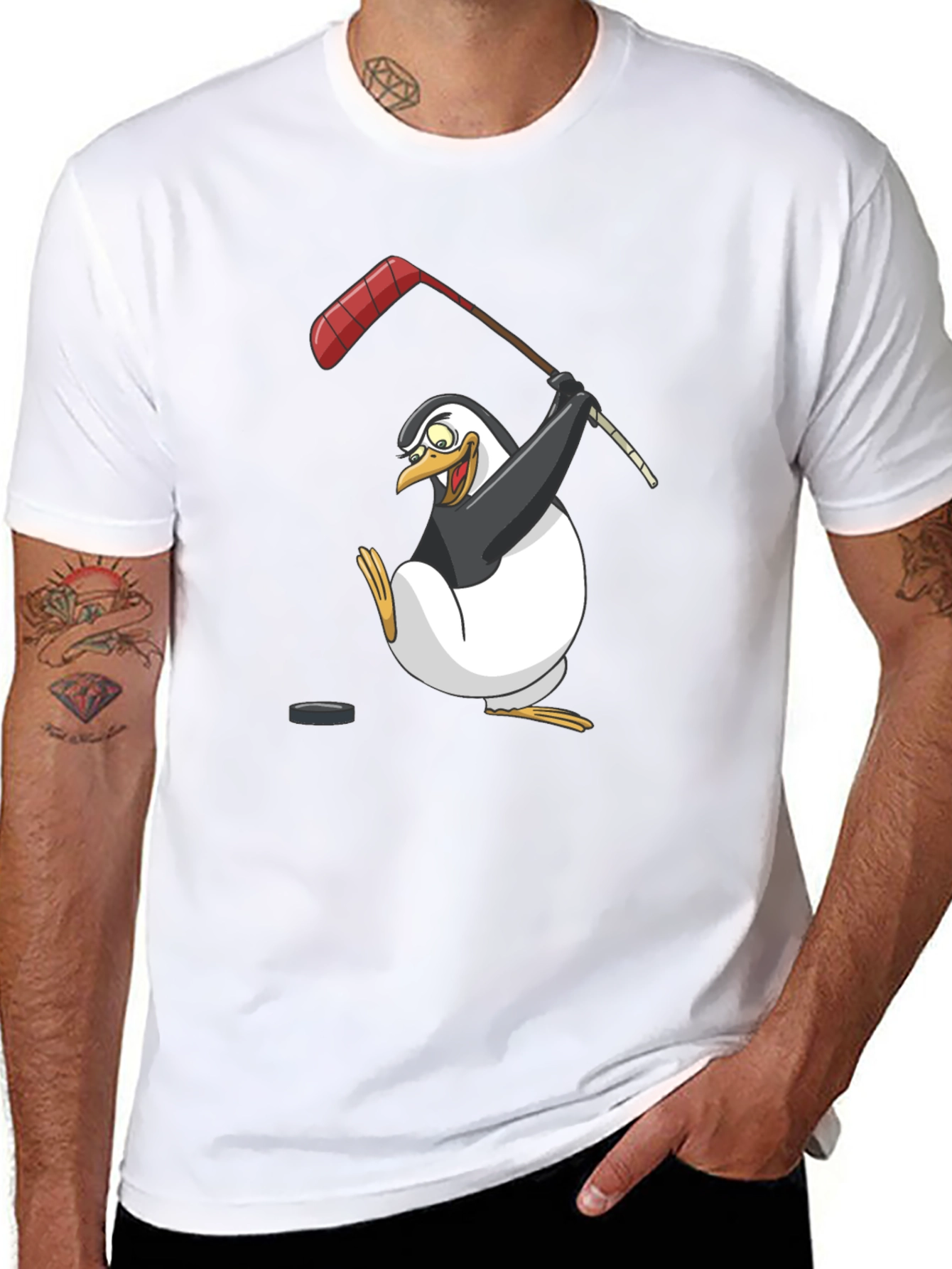 Black Penguin Hockey Player Graphic T-Shirt view 8