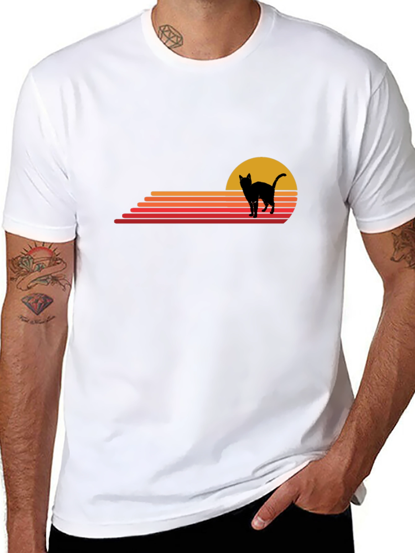 Black Retro Cat Sunset Graphic Tee - Black Cotton T-Shirt view 8