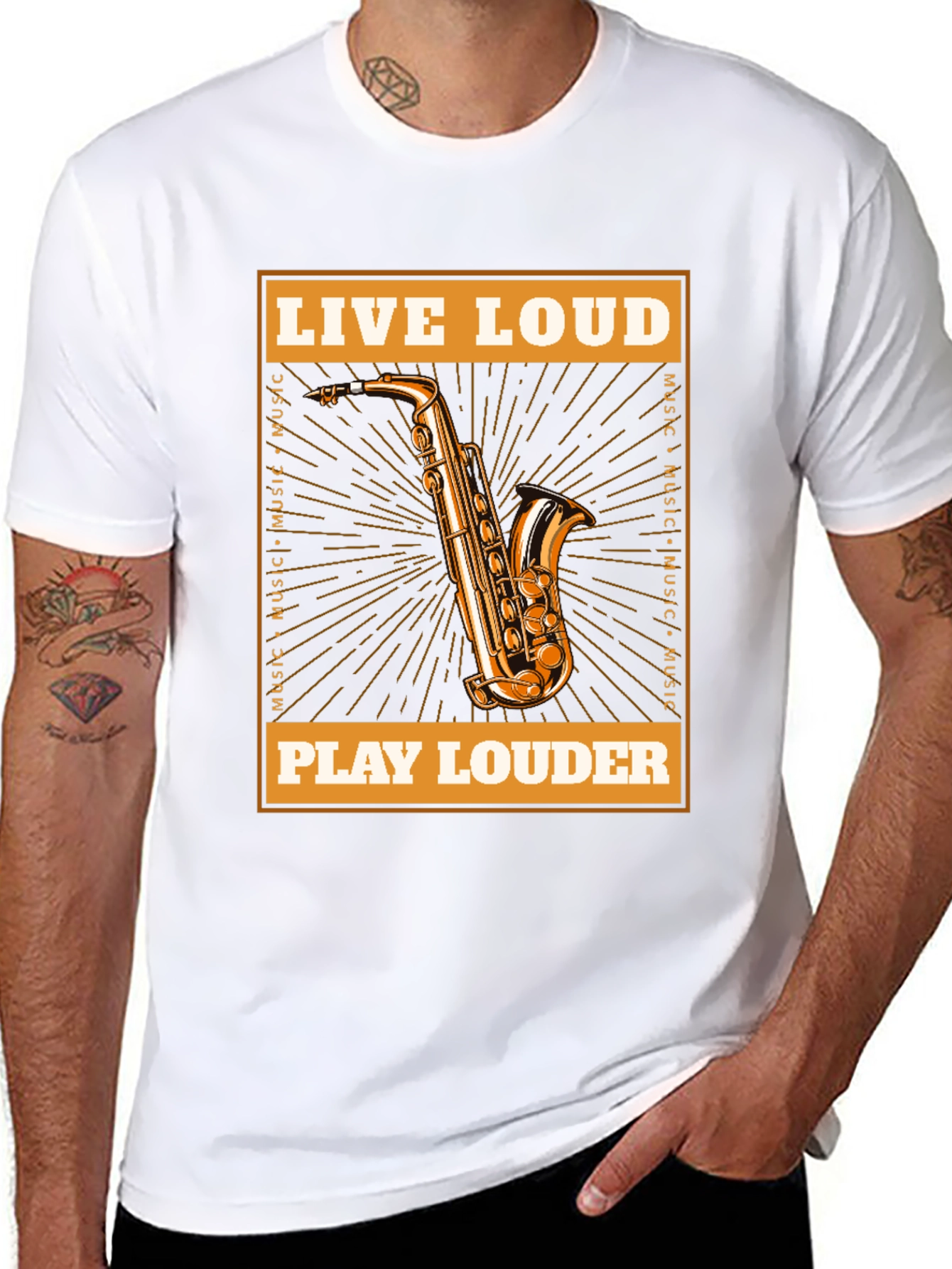 Black Live Loud Saxophone Graphic T-Shirt - Music Lover Tee view 8
