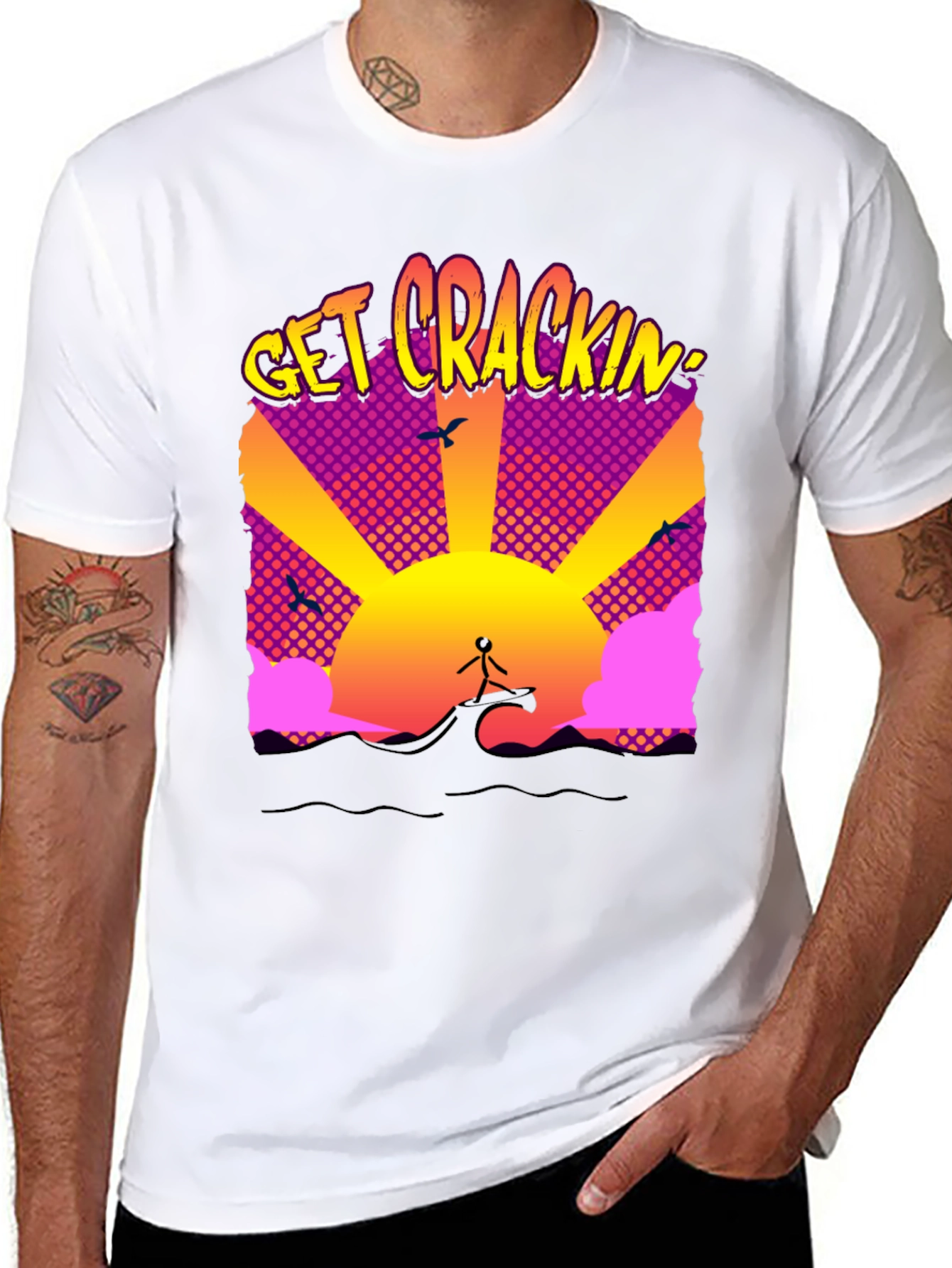 Black Get Crackin' Graphic T-Shirt - Surfing Sunrise view 8