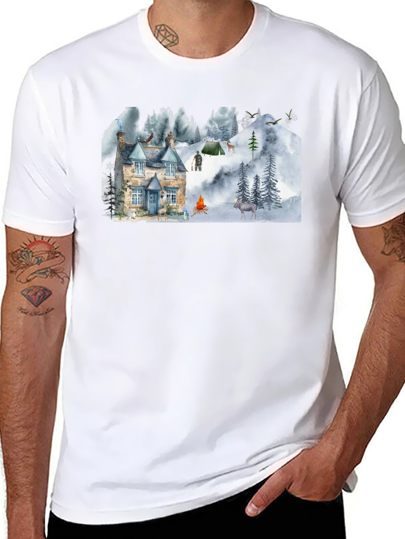 Black Cozy Cabin Mountain Scene Graphic T-Shirt view 8
