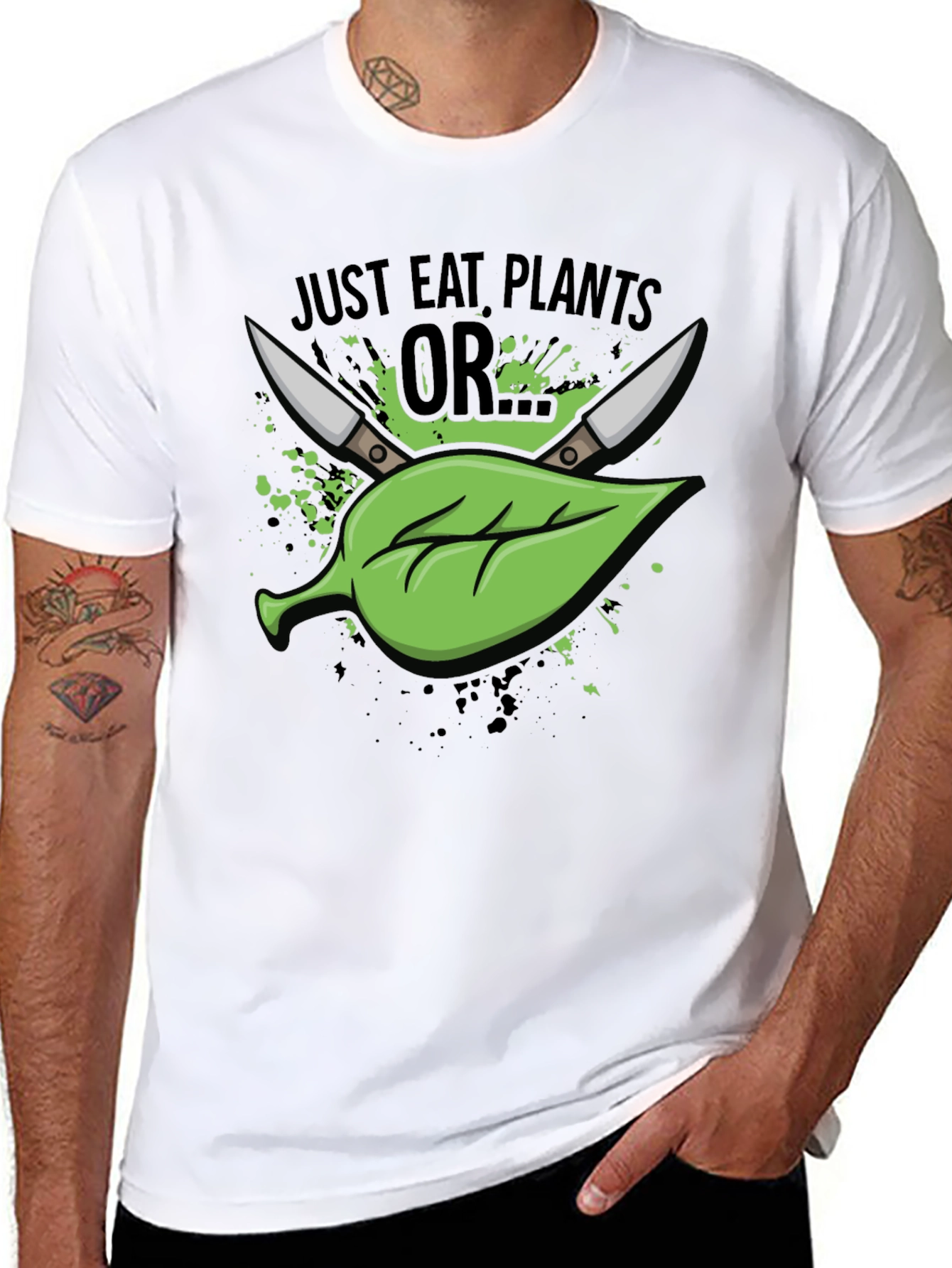 Black Just Eat Plants OR T-Shirt - Vegan Humor view 8