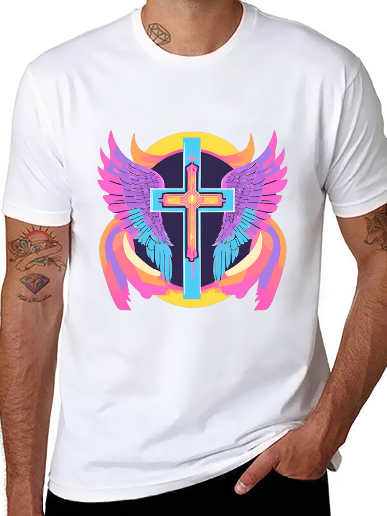 Black Winged Cross Graphic Tee - Black Cotton Blend view 8