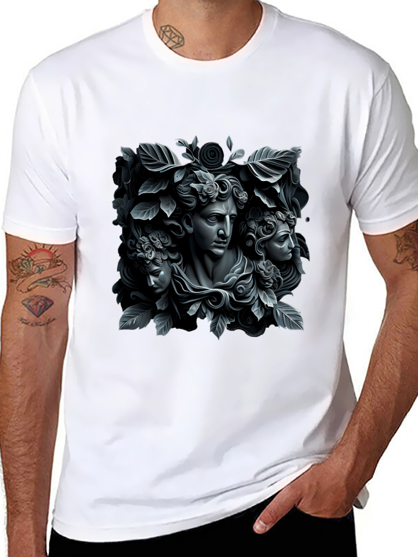 Black Ancient Art Tee: Floral Statue T-Shirt view 8