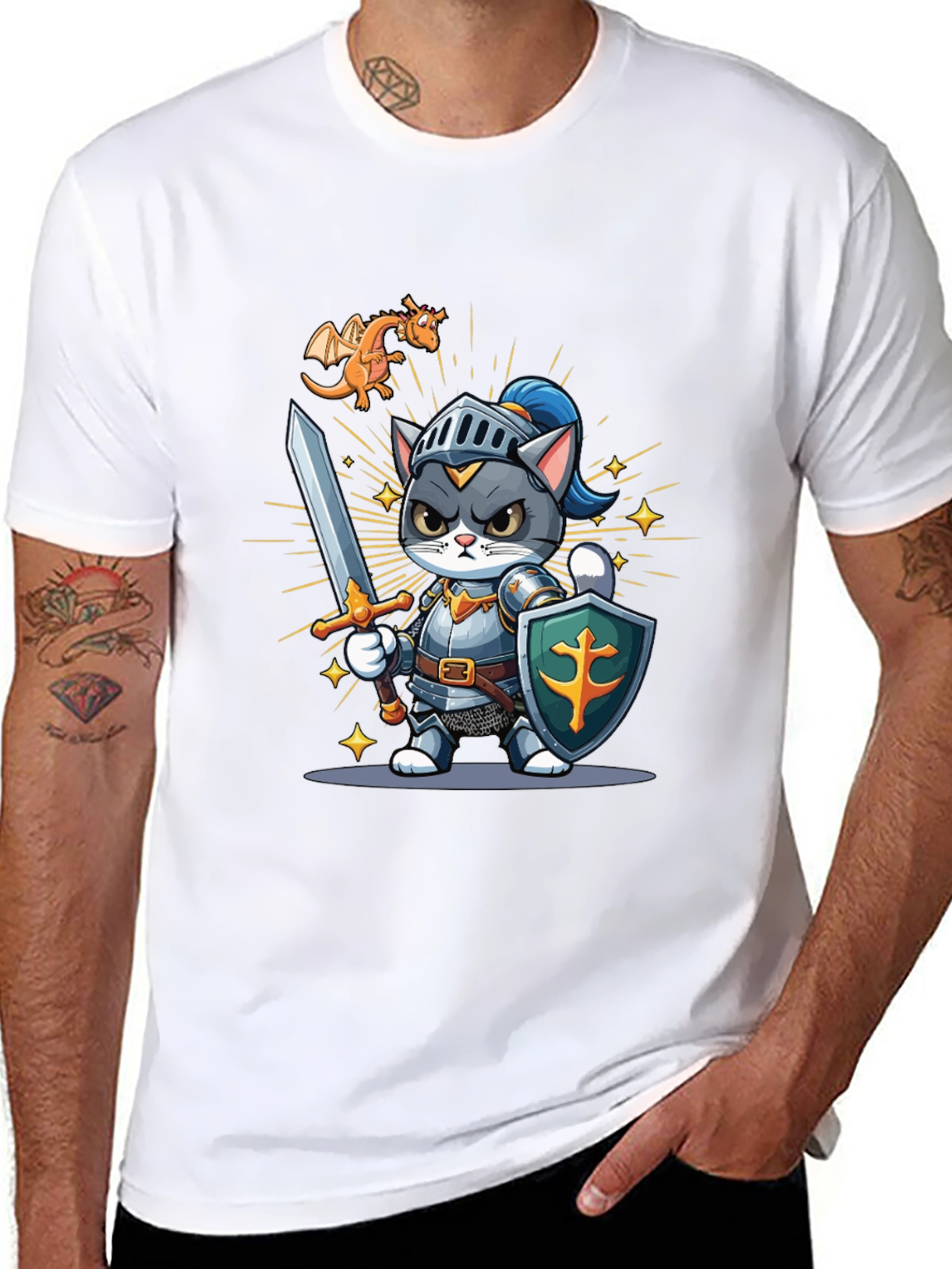 Black Cat Knight T-Shirt: Cartoon Medieval Warrior Tee view 8