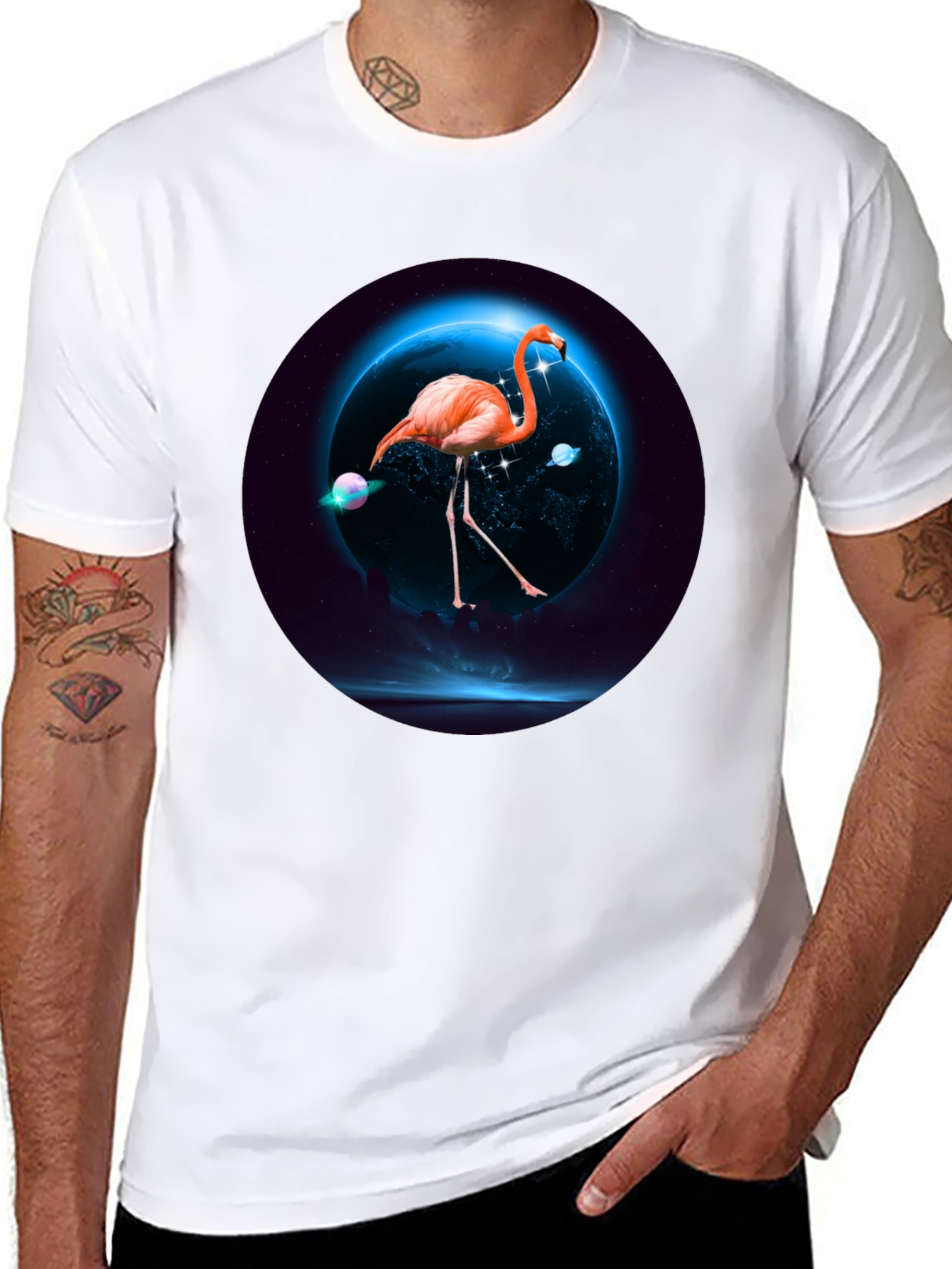 Black Flamingo in Space T-Shirt view 8