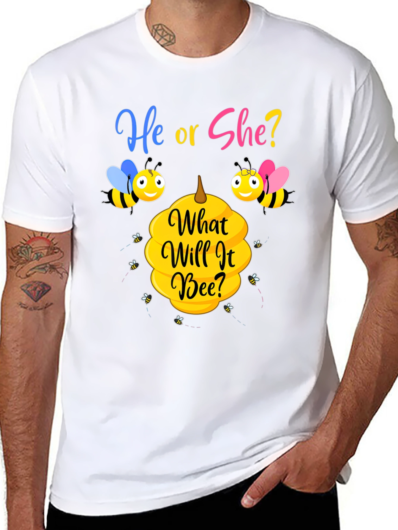 Black He or She Bee Gender Reveal T-Shirt view 8