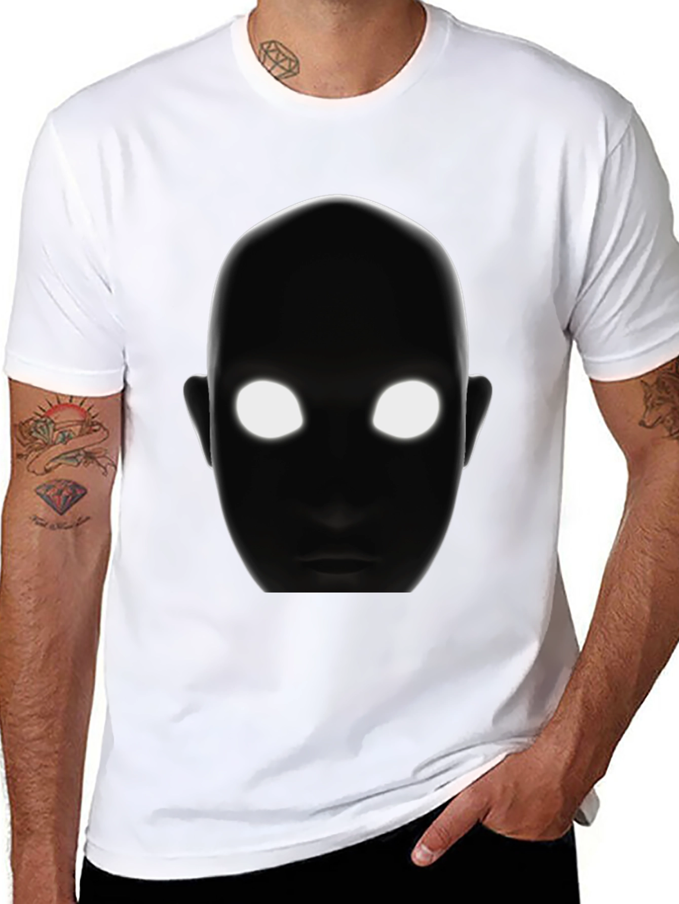 Black Men's Black T-Shirt with Glowing Eyes Graphic view 8