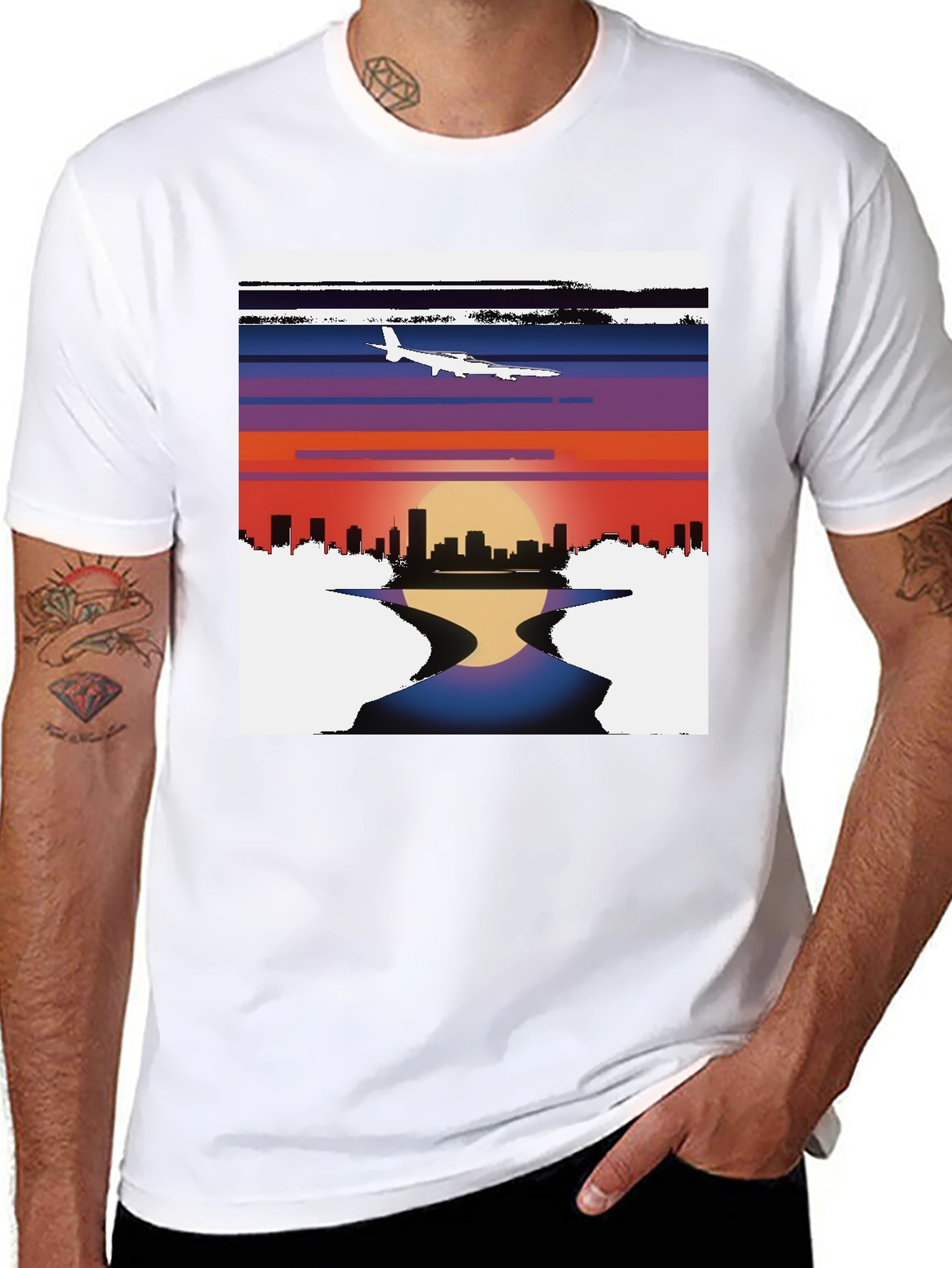 Black Sunset Airplane Cityscape Graphic Tee view 8