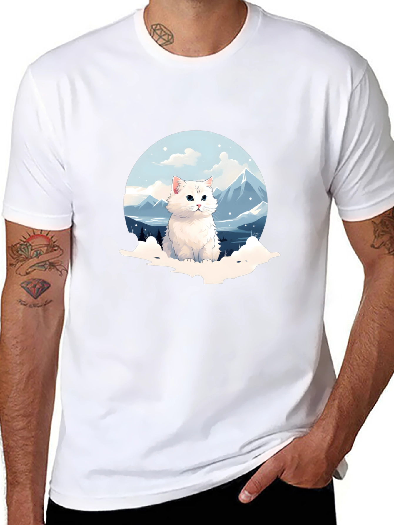Black Cute Cat Mountain Scene Graphic Tee view 8