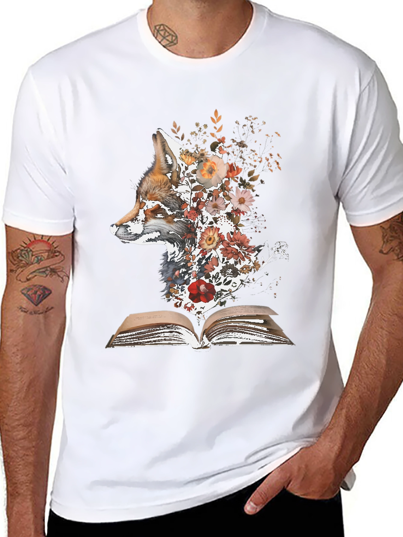 Black Fox & Flowers Book T-Shirt - Unique Nature Graphic Tee view 8