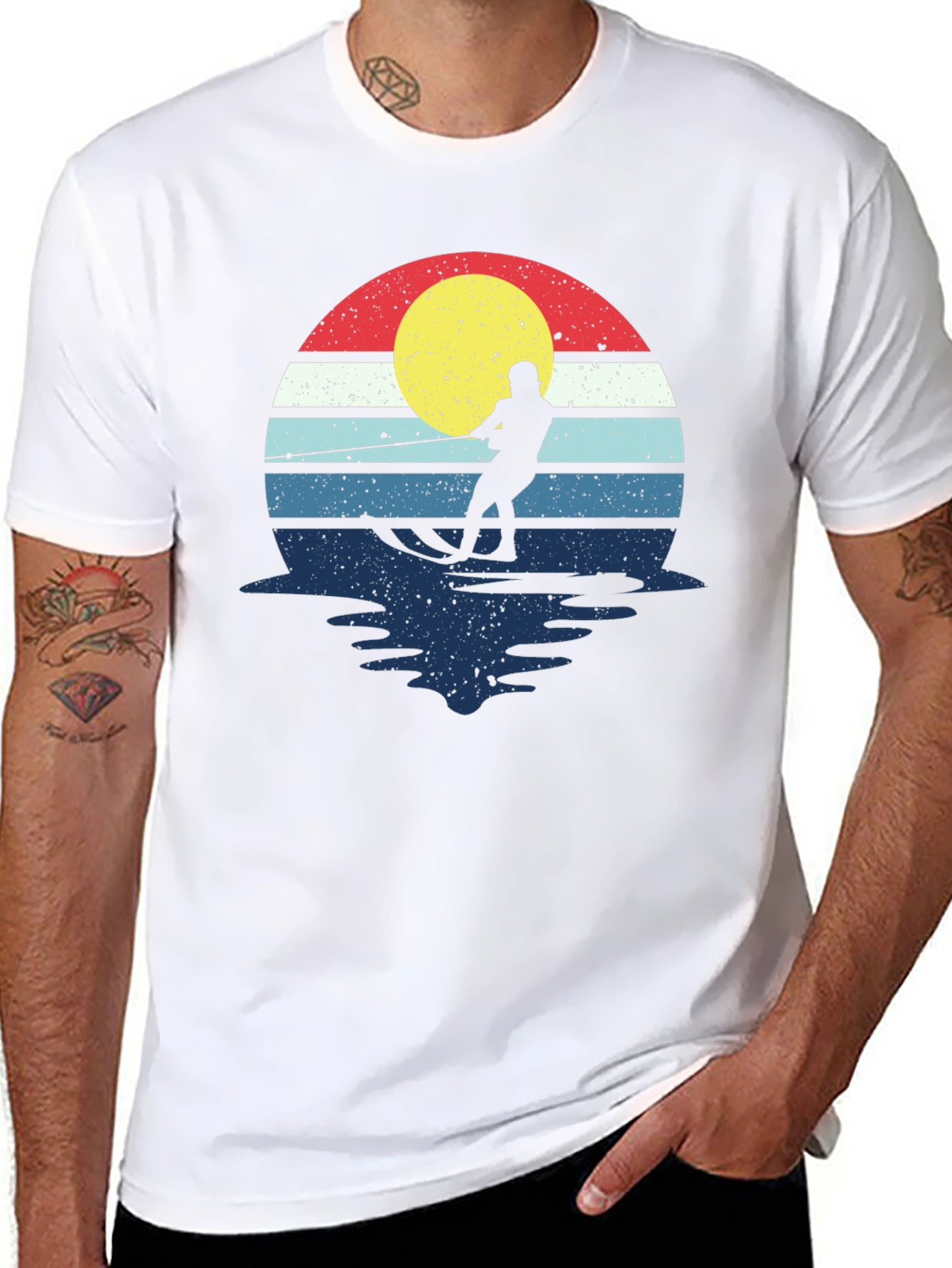 Black Retro Water Skiing T-Shirt - Vintage Sunset Design view 8