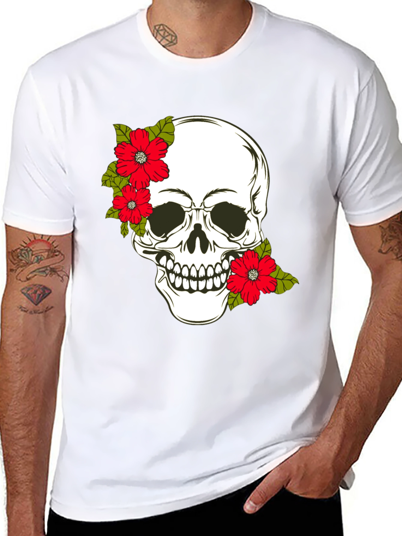 Black Skull & Floral Graphic Print Tee view 8